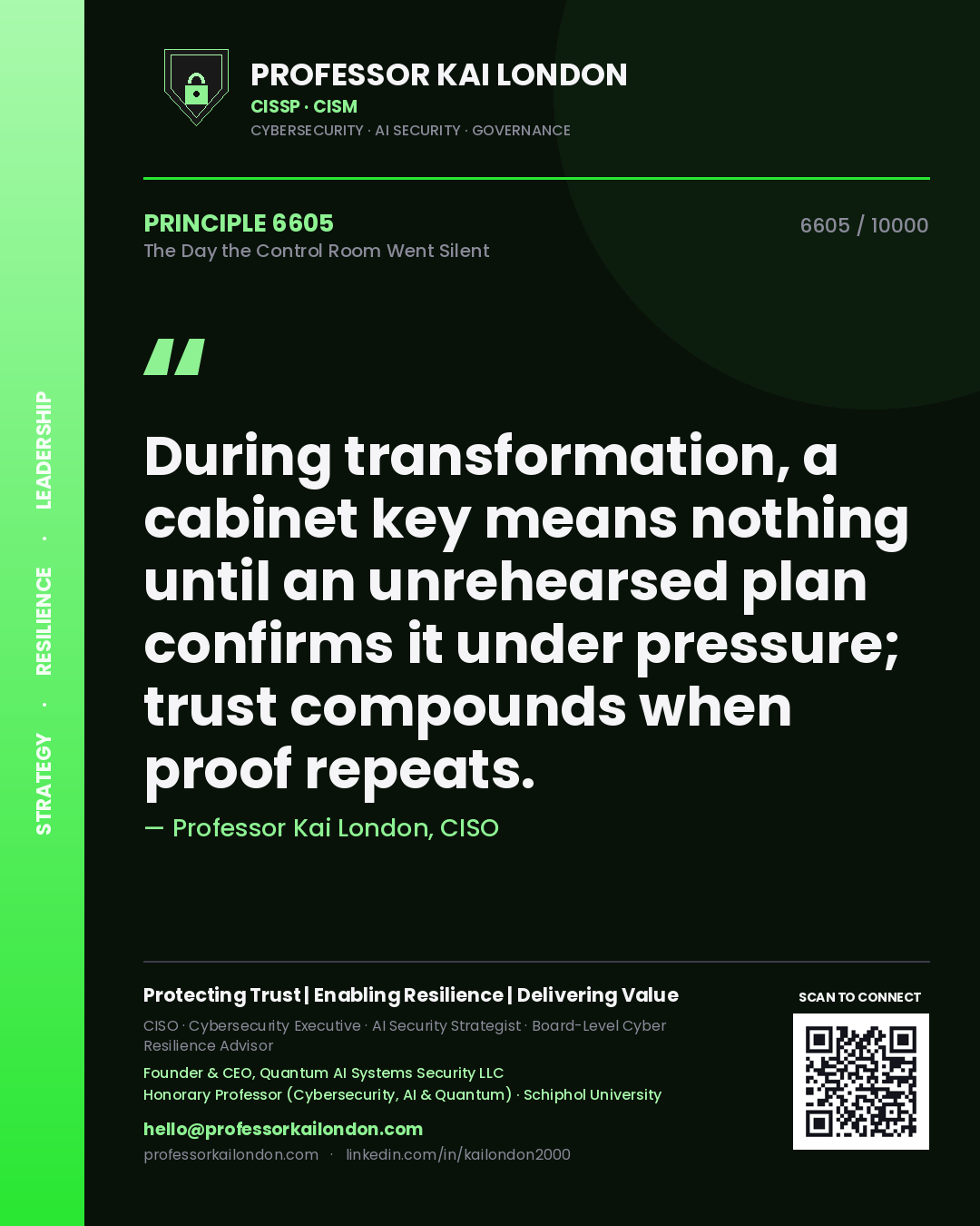 Professor Kai London principle 6605: During transformation, a cabinet key means nothing until an unrehearsed plan confirms it under pressure; trust compounds when proof repeats.