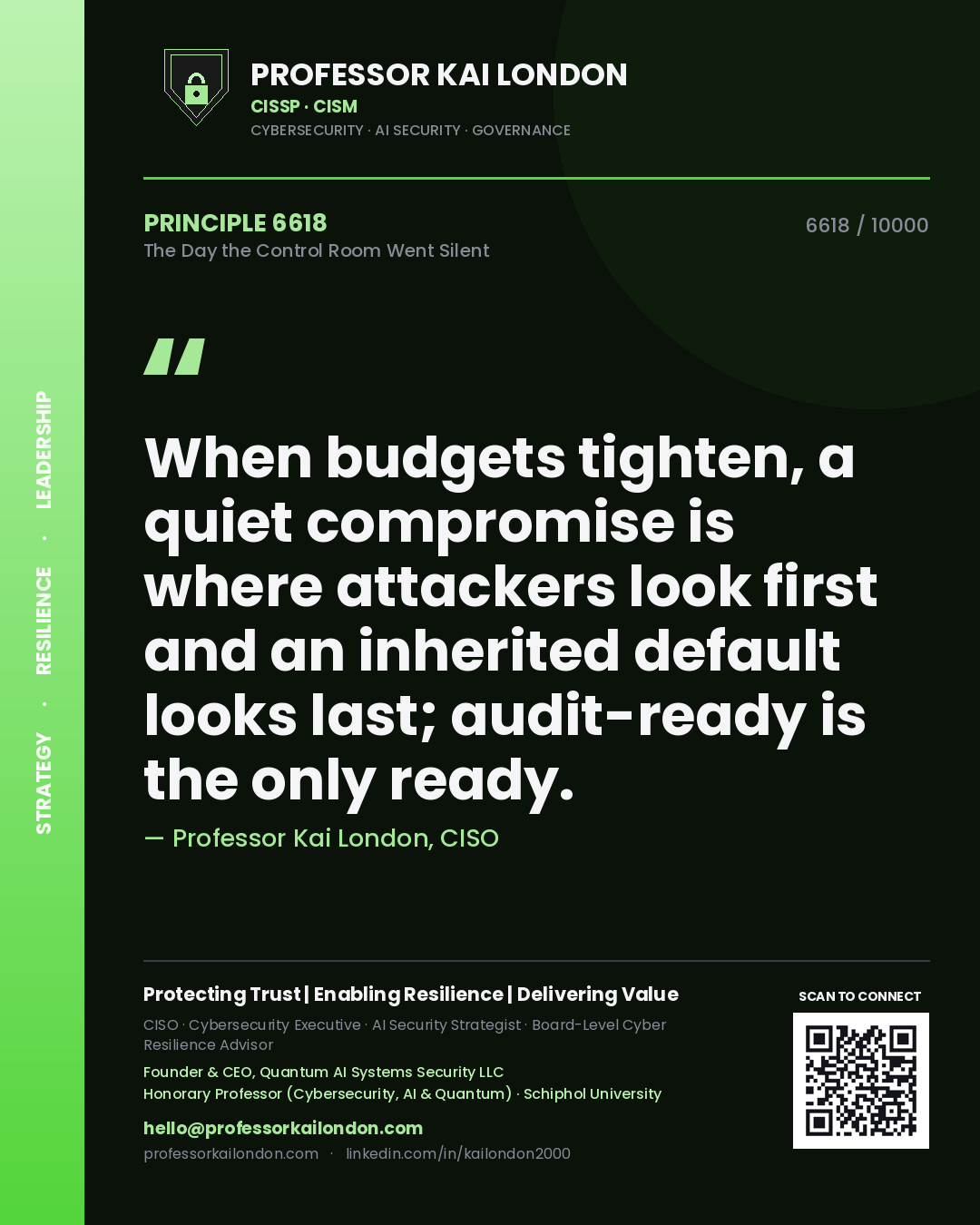 Quote card by Professor Kai London reading 'When budgets tighten, a quiet compromise is where attackers look first and an inherited default looks last; audit-ready is the only ready.'. From the book The Day the Control Room Went Silent.