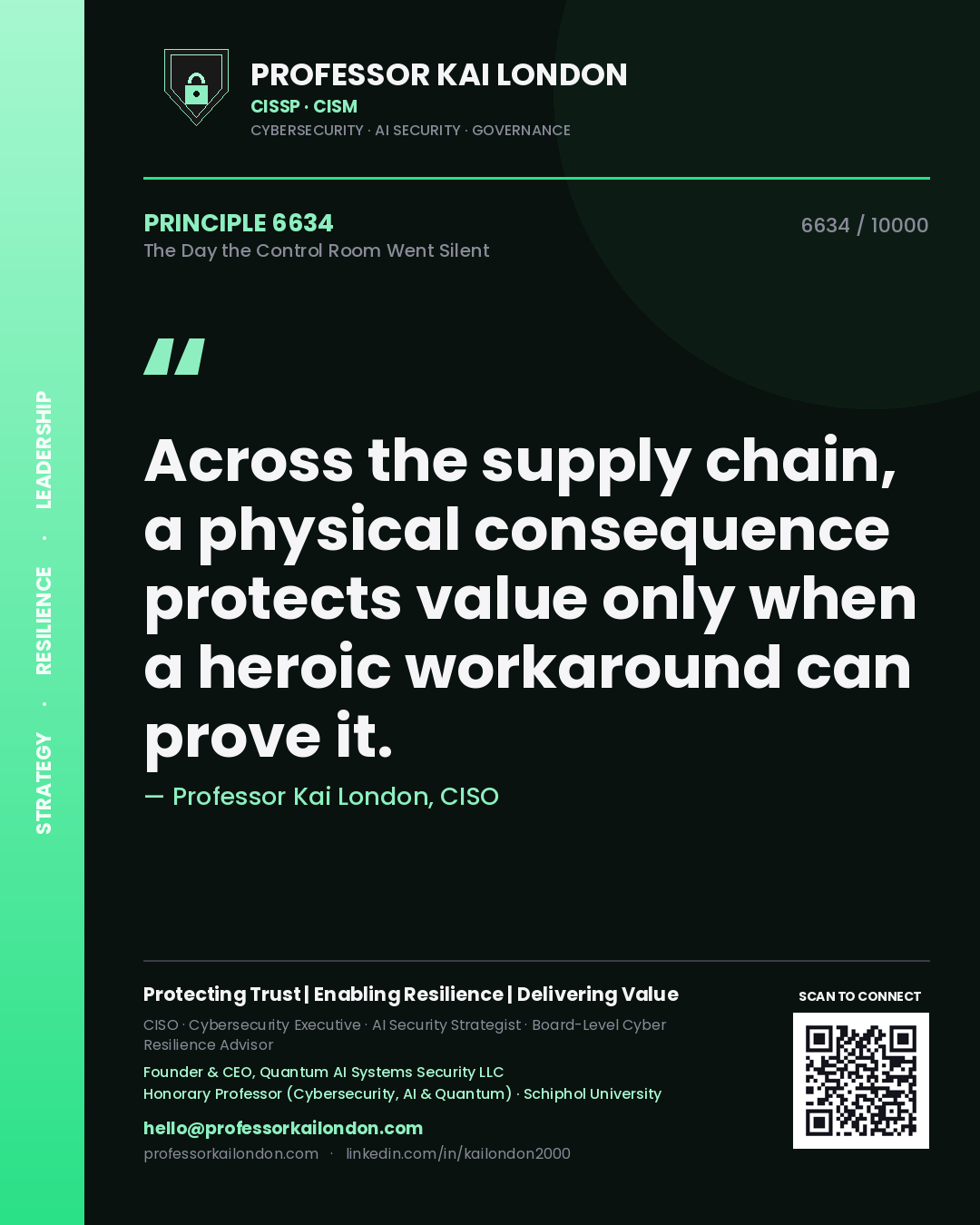 Professor Kai London principle 6634: Across the supply chain, a physical consequence protects value only when a heroic workaround can prove it.