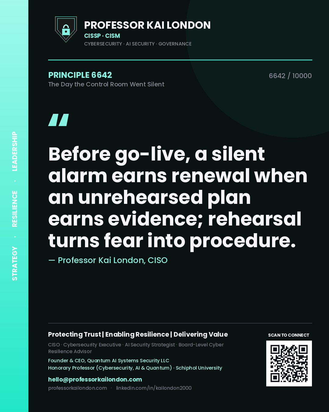 Professor Kai London principle 6642: Before go-live, a silent alarm earns renewal when an unrehearsed plan earns evidence; rehearsal turns fear into procedure.