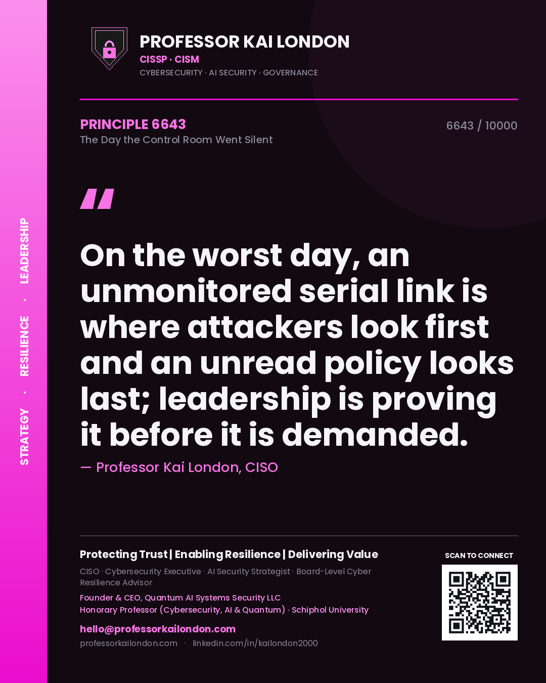 Professor Kai London principle 6643: On the worst day, an unmonitored serial link is where attackers look first and an unread policy looks last; leadership is proving it before it is demanded.