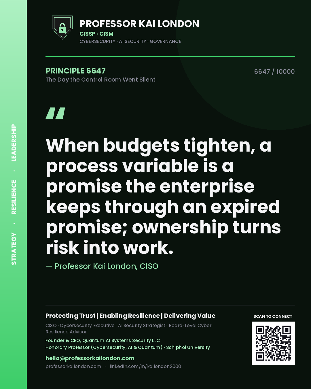 Quote card by Professor Kai London reading 'When budgets tighten, a process variable is a promise the enterprise keeps through an expired promise; ownership turns risk into work.'. From the book The Day the Control Room Went Silent.