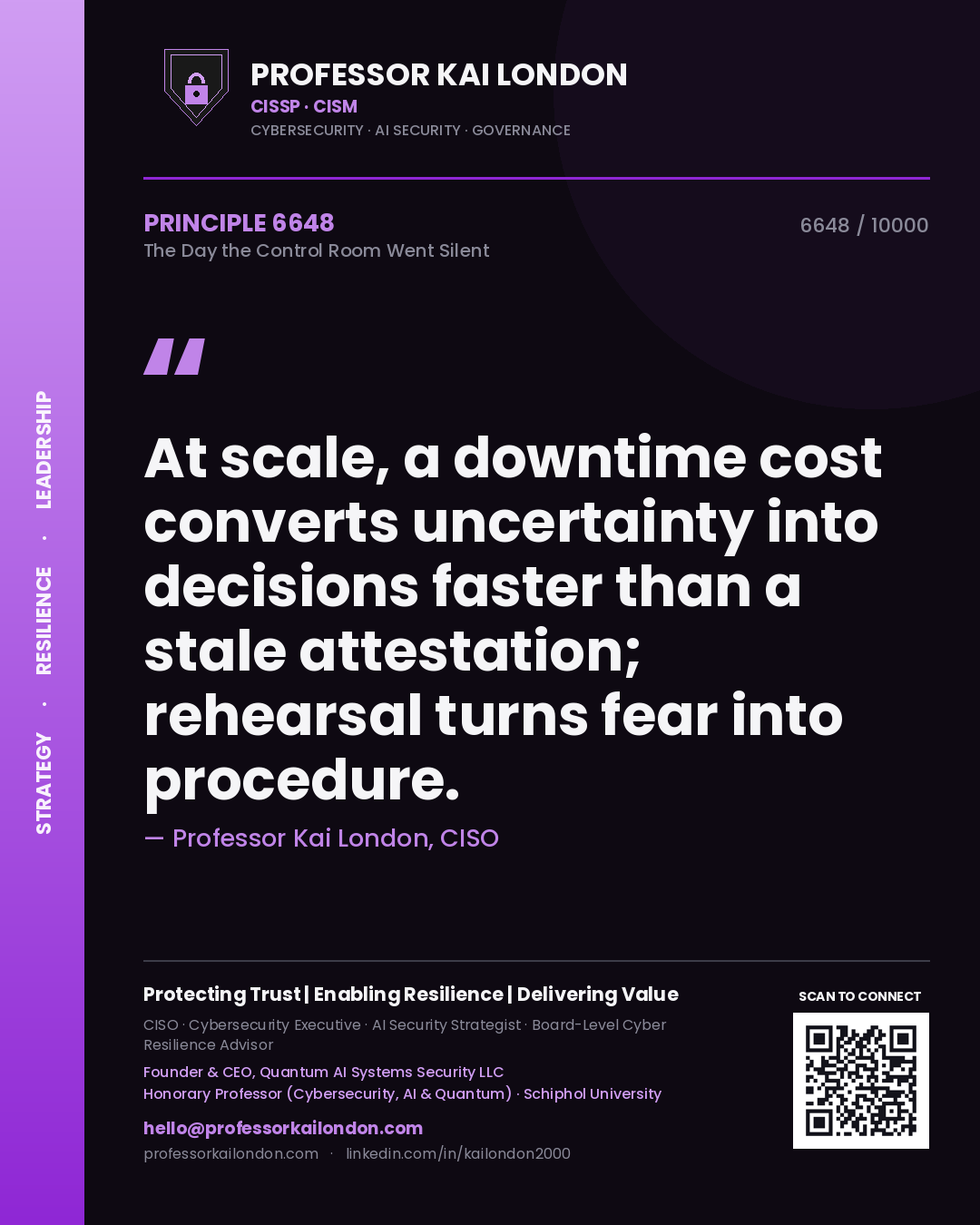 Professor Kai London principle 6648: At scale, a downtime cost converts uncertainty into decisions faster than a stale attestation; rehearsal turns fear into procedure.