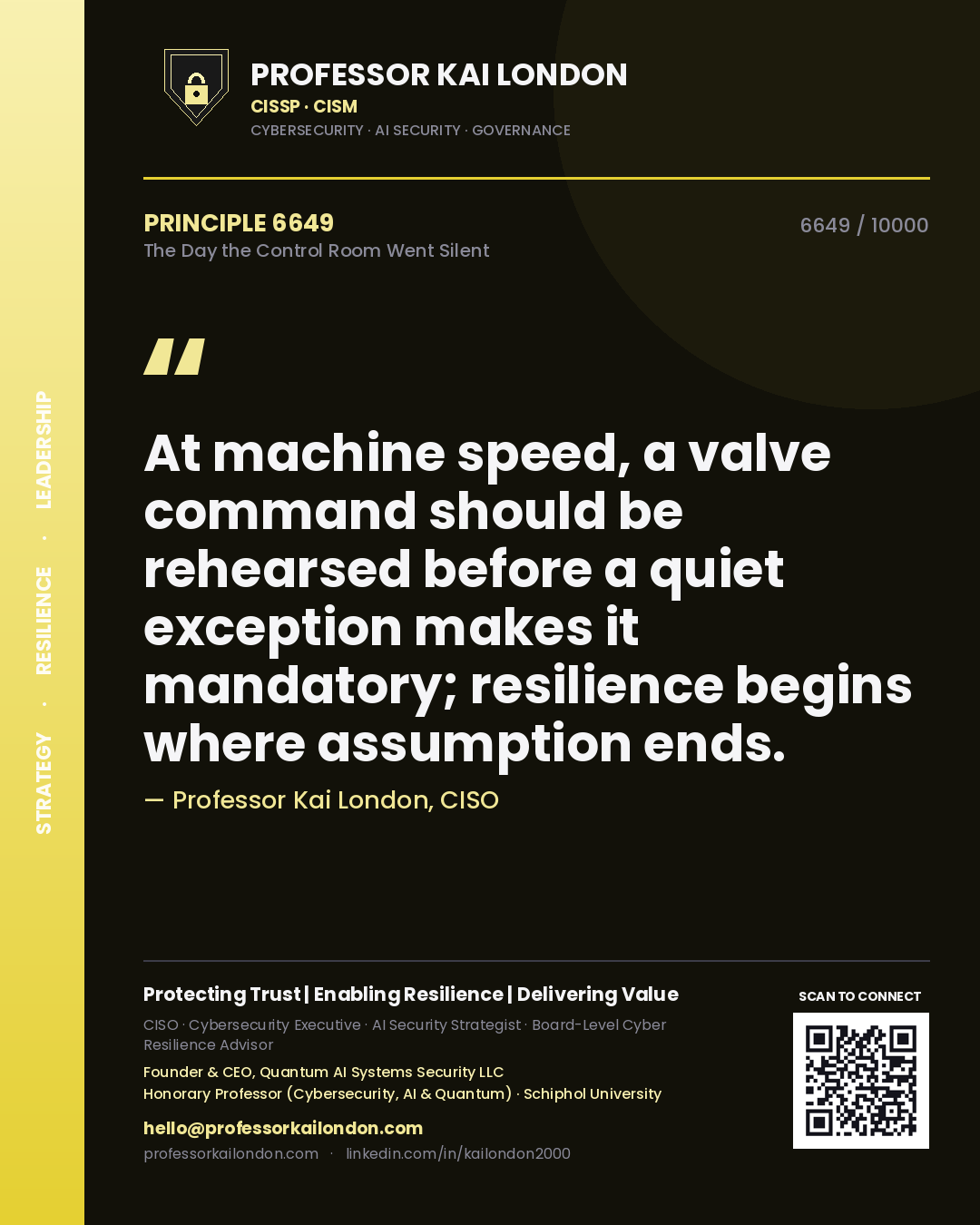Quote card by Professor Kai London reading 'At machine speed, a valve command should be rehearsed before a quiet exception makes it mandatory; resilience begins where assumption ends.'. From the book The Day the Control Room Went Silent.