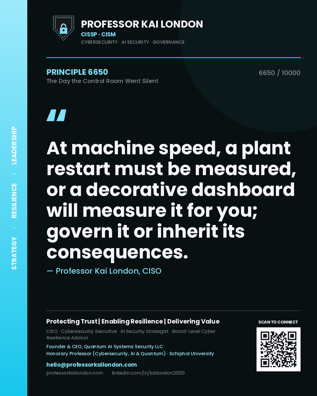 Professor Kai London principle 6650: At machine speed, a plant restart must be measured, or a decorative dashboard will measure it for you; govern it or inherit its consequences.