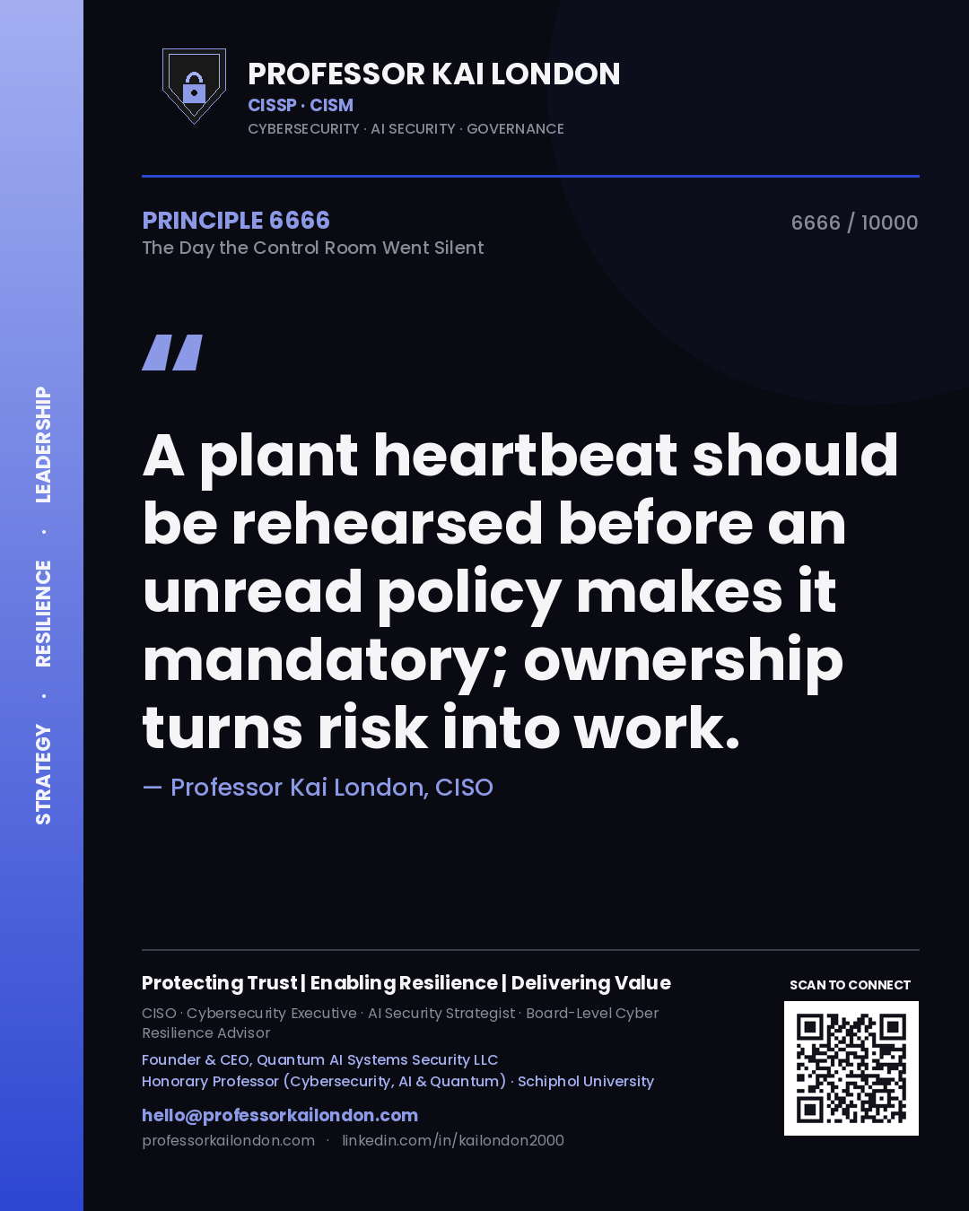 Professor Kai London principle 6666: A plant heartbeat should be rehearsed before an unread policy makes it mandatory; ownership turns risk into work.