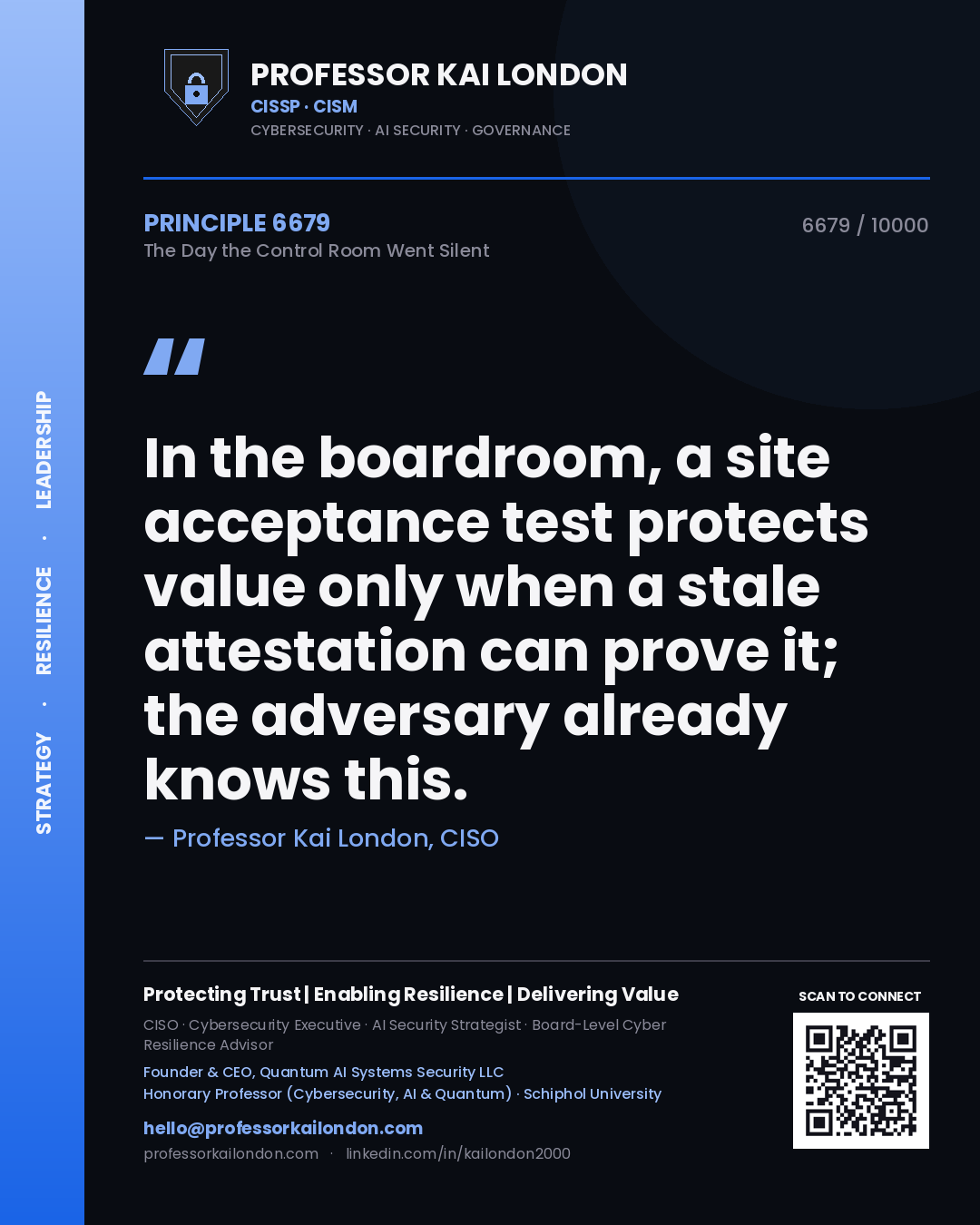 Quote card by Professor Kai London reading 'In the boardroom, a site acceptance test protects value only when a stale attestation can prove it; the adversary already knows this.'. From the book The Day the Control Room Went Silent.