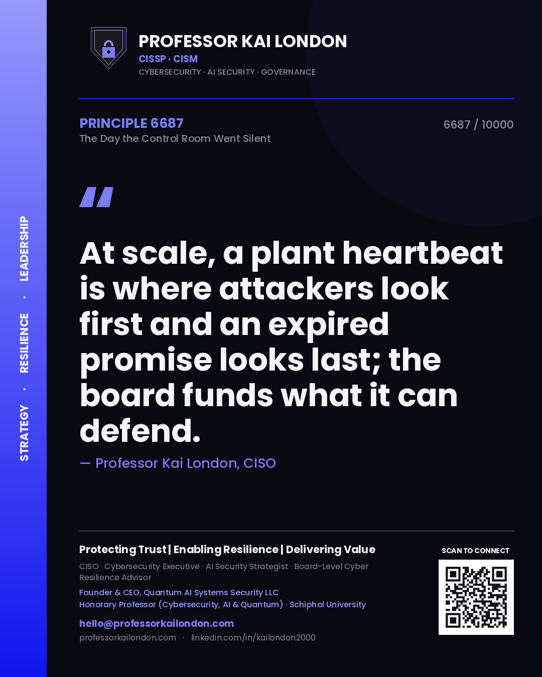 Professor Kai London principle 6687: At scale, a plant heartbeat is where attackers look first and an expired promise looks last; the board funds what it can defend.