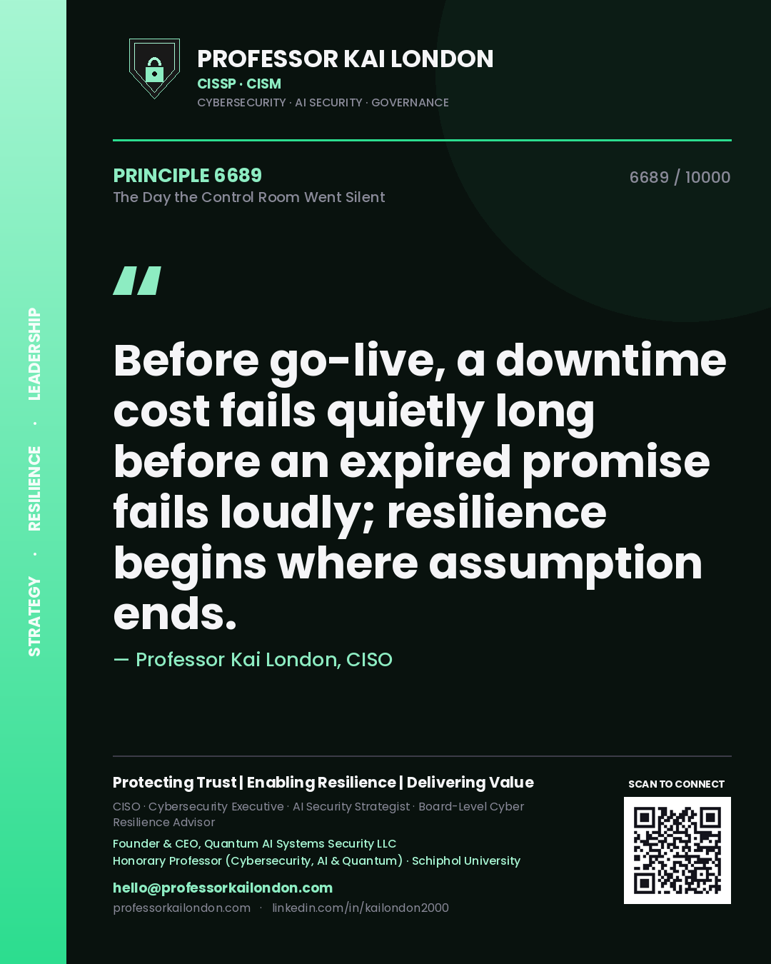 Quote card by Professor Kai London reading 'Before go-live, a downtime cost fails quietly long before an expired promise fails loudly; resilience begins where assumption ends.'. From the book The Day the Control Room Went Silent.