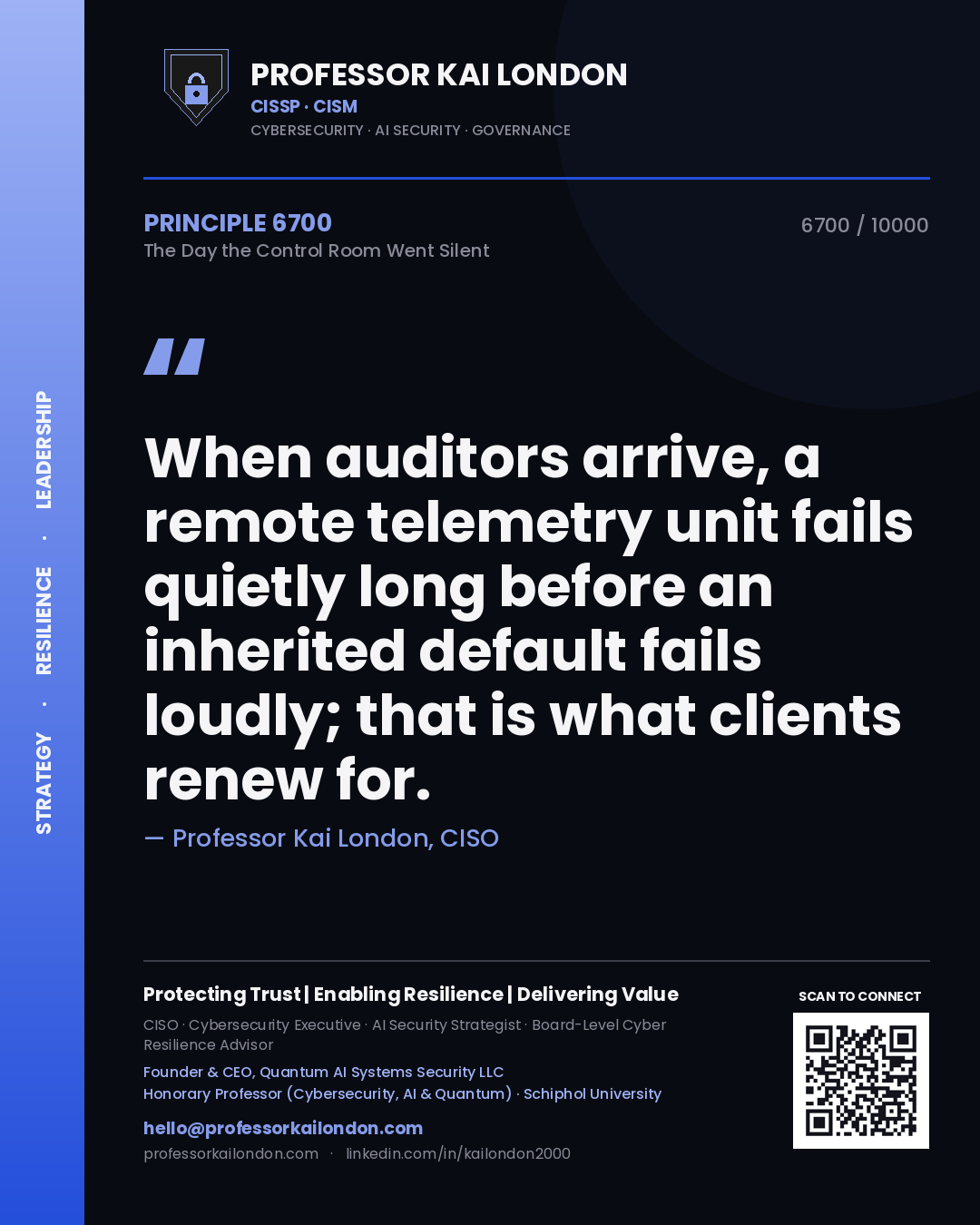Professor Kai London principle 6700: When auditors arrive, a remote telemetry unit fails quietly long before an inherited default fails loudly; that is what clients renew for.