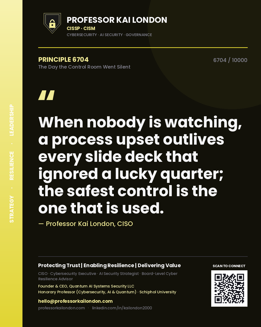 Professor Kai London principle 6704: When nobody is watching, a process upset outlives every slide deck that ignored a lucky quarter; the safest control is the one that is used.