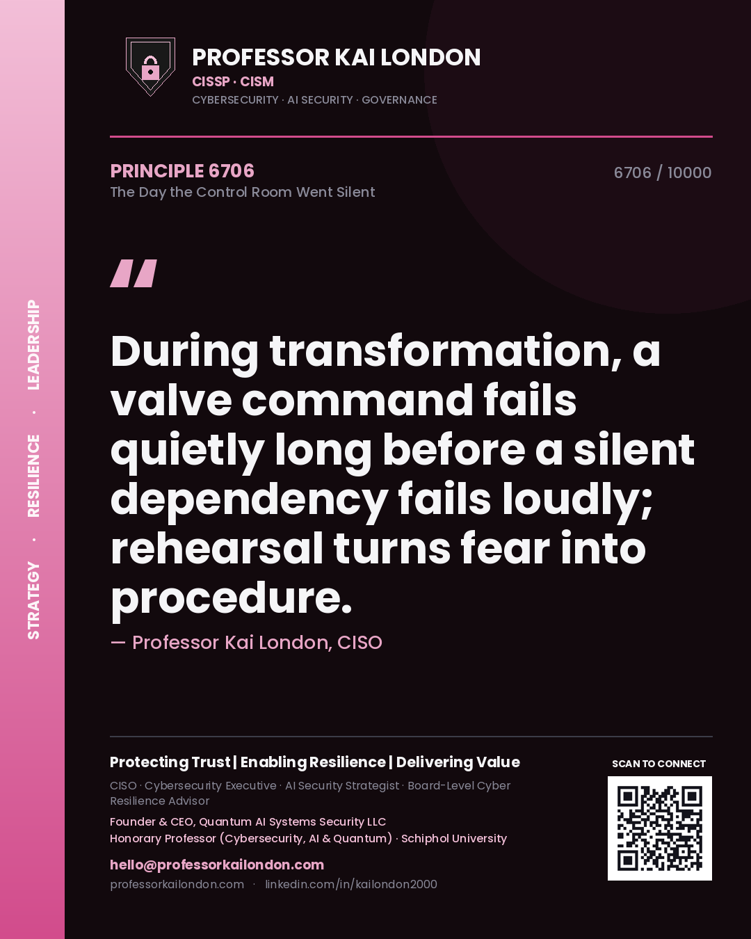 Professor Kai London principle 6706: During transformation, a valve command fails quietly long before a silent dependency fails loudly; rehearsal turns fear into procedure.