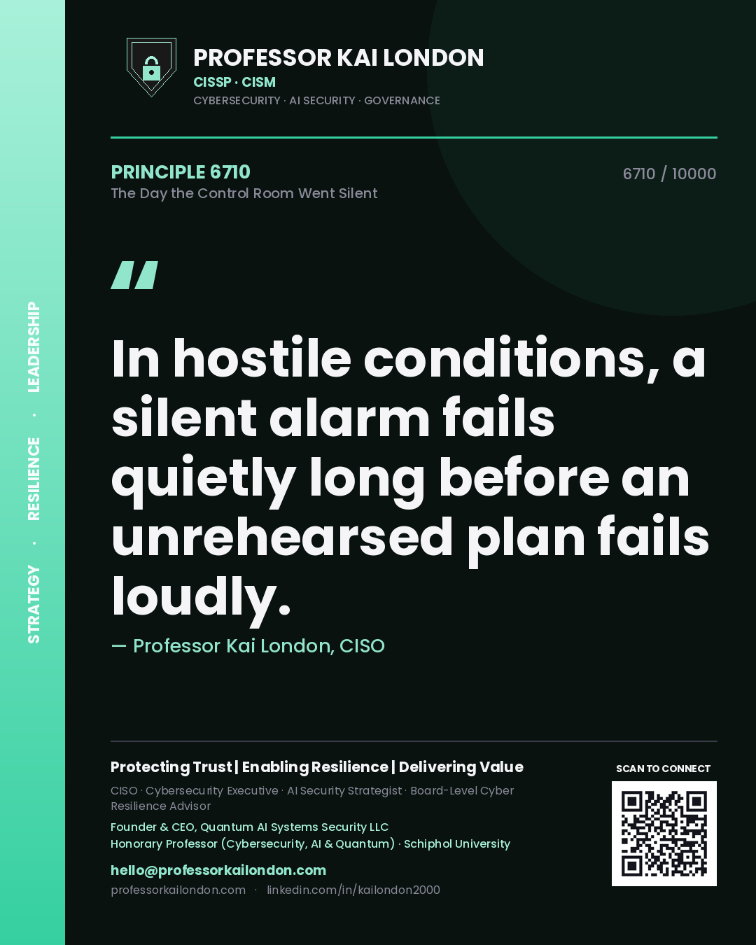Quote card by Professor Kai London reading 'In hostile conditions, a silent alarm fails quietly long before an unrehearsed plan fails loudly.'. From the book The Day the Control Room Went Silent.