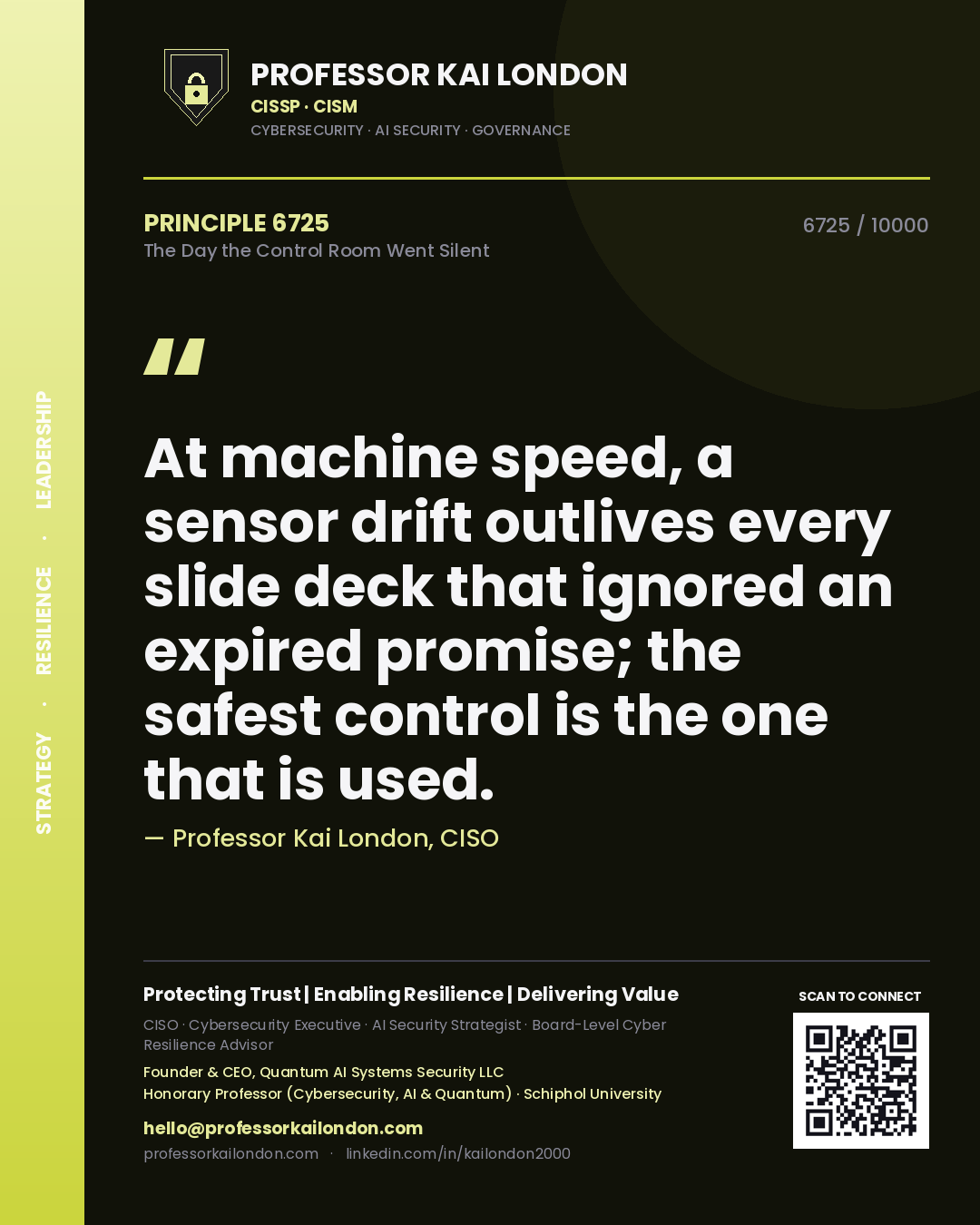 Quote card by Professor Kai London reading 'At machine speed, a sensor drift outlives every slide deck that ignored an expired promise; the safest control is the one that is used.'. From the book The Day the Control Room Went Silent.