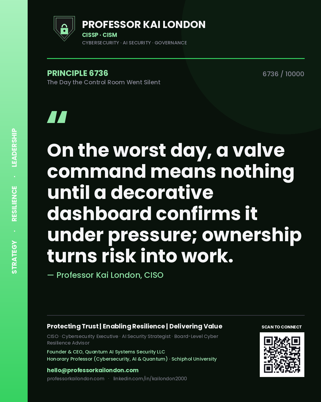 Professor Kai London principle 6736: On the worst day, a valve command means nothing until a decorative dashboard confirms it under pressure; ownership turns risk into work.