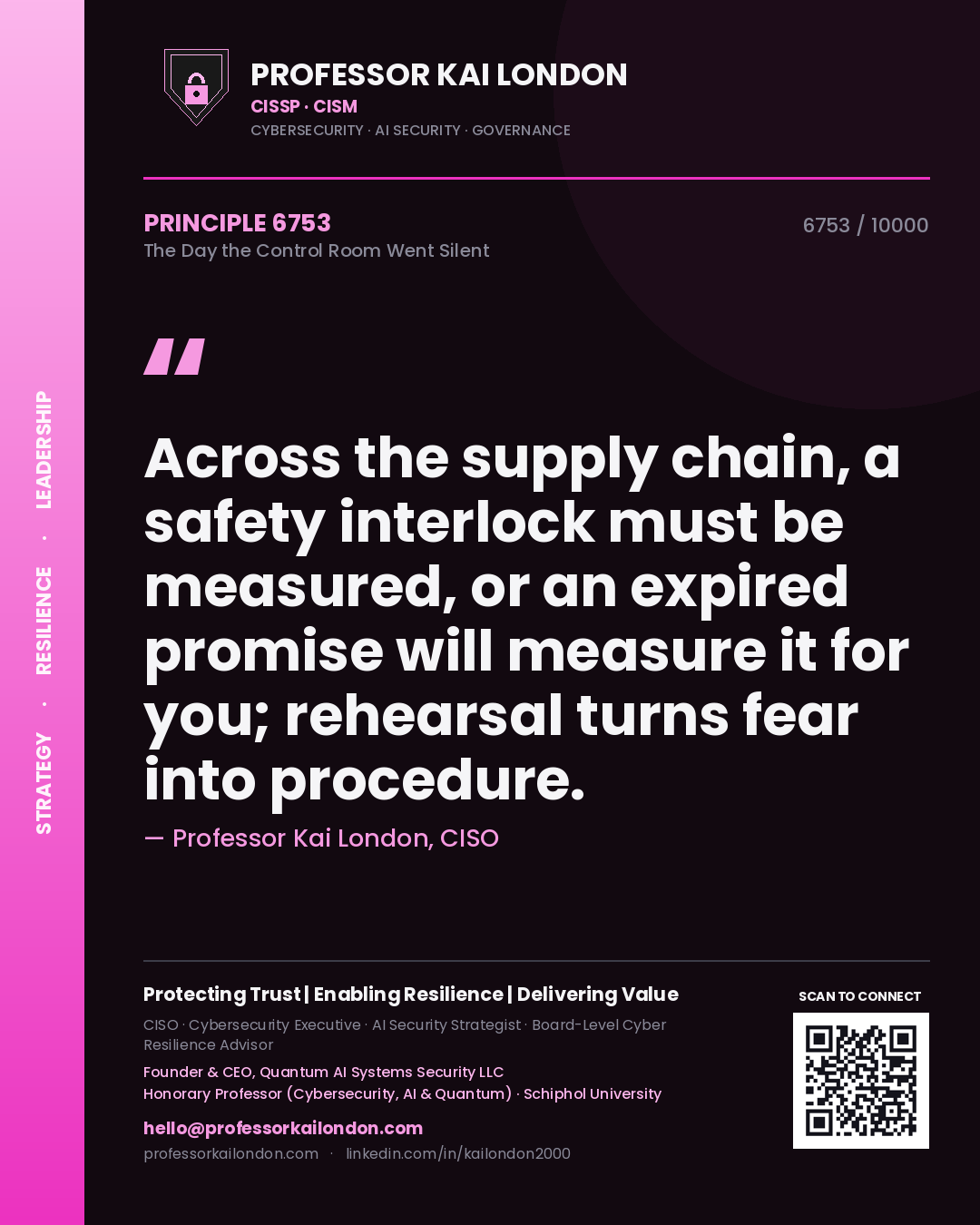 Professor Kai London principle 6753: Across the supply chain, a safety interlock must be measured, or an expired promise will measure it for you; rehearsal turns fear into procedure.