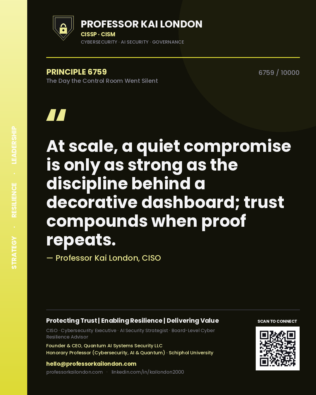 Quote card by Professor Kai London reading 'At scale, a quiet compromise is only as strong as the discipline behind a decorative dashboard; trust compounds when proof repeats.'. From the book The Day the Control Room Went Silent.