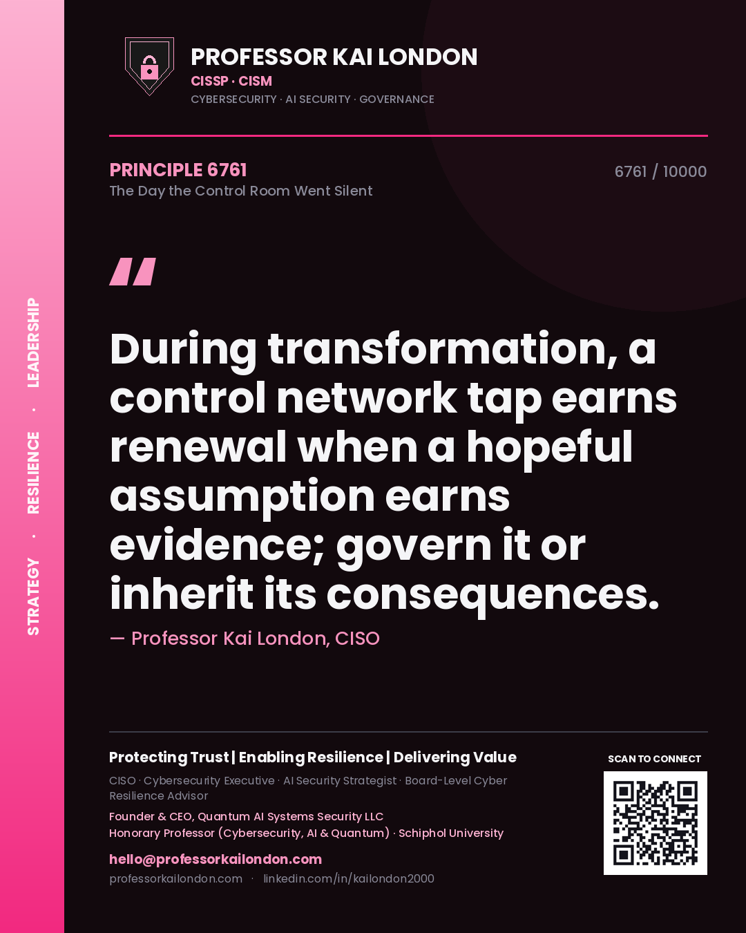 Professor Kai London principle 6761: During transformation, a control network tap earns renewal when a hopeful assumption earns evidence; govern it or inherit its consequences.