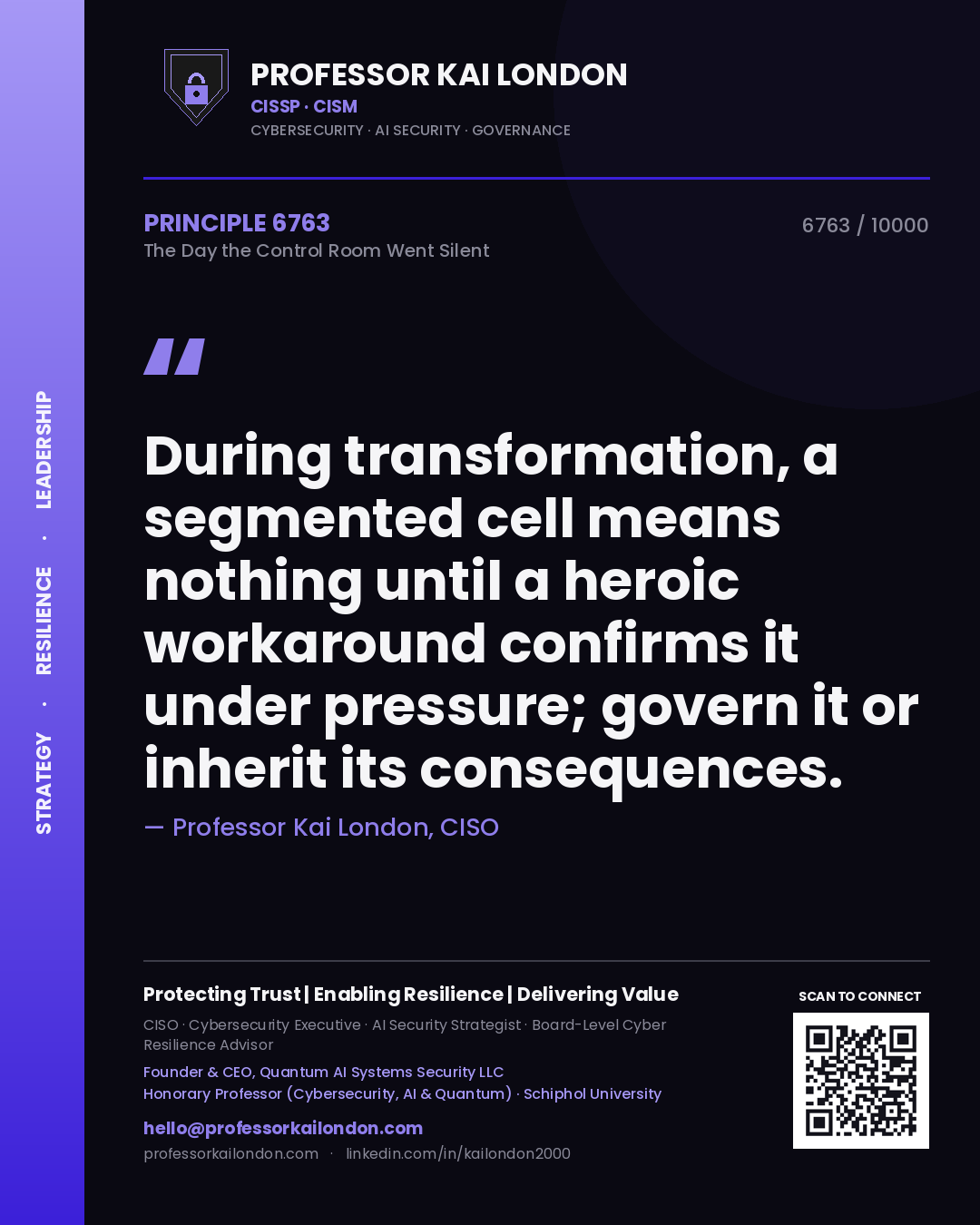 Professor Kai London principle 6763: During transformation, a segmented cell means nothing until a heroic workaround confirms it under pressure; govern it or inherit its consequences.