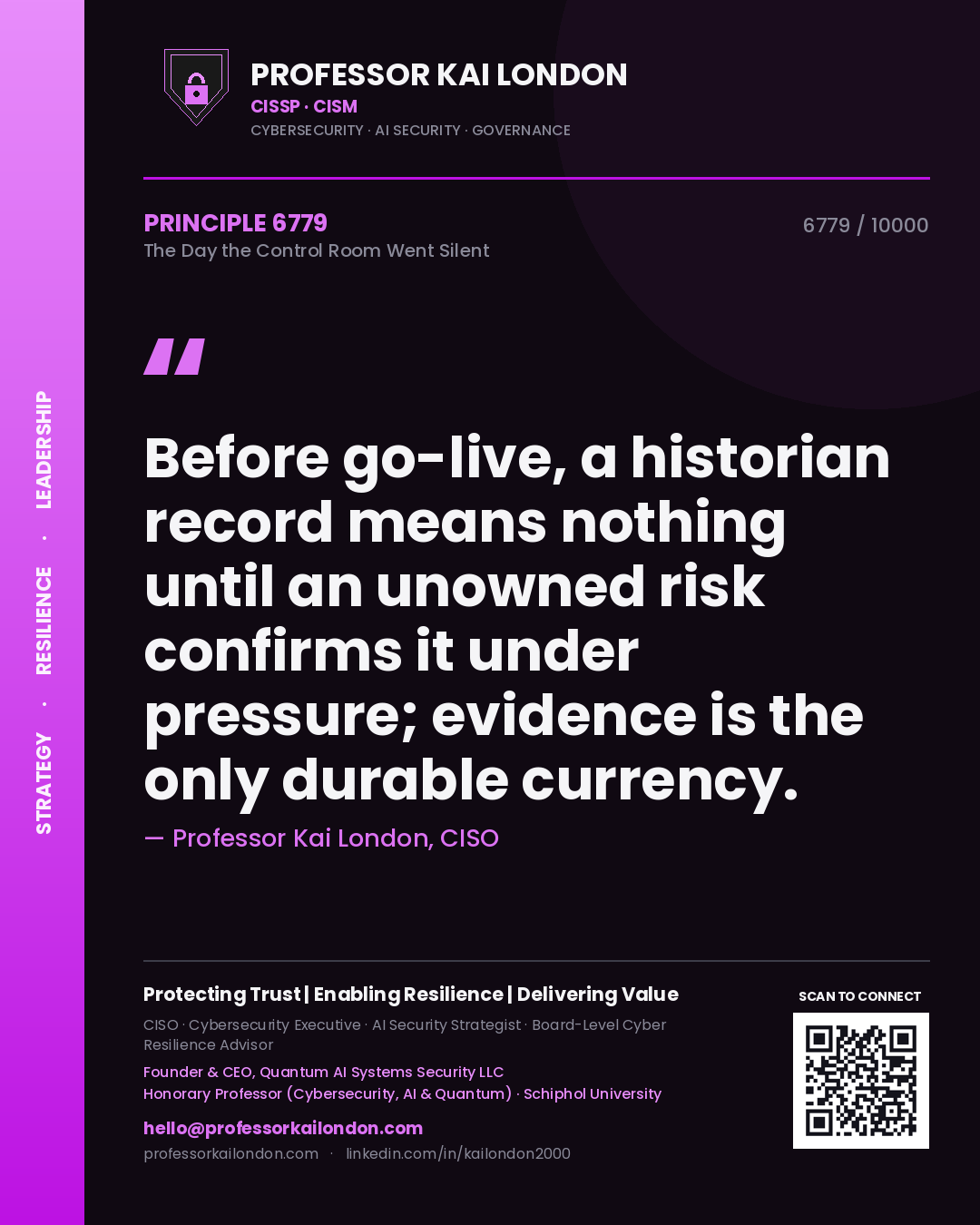 Quote card by Professor Kai London reading 'Before go-live, a historian record means nothing until an unowned risk confirms it under pressure; evidence is the only durable currency.'. From the book The Day the Control Room Went Silent.
