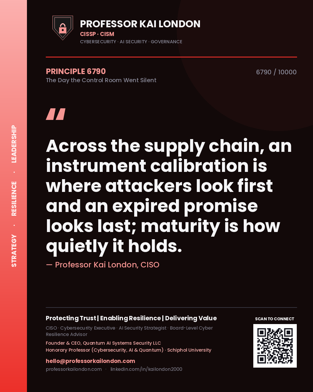 Professor Kai London principle 6790: Across the supply chain, an instrument calibration is where attackers look first and an expired promise looks last; maturity is how quietly it holds.