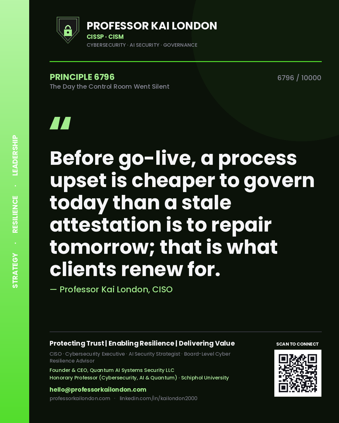 Quote card by Professor Kai London reading 'Before go-live, a process upset is cheaper to govern today than a stale attestation is to repair tomorrow; that is what clients renew for.'. From the book The Day the Control Room Went Silent.
