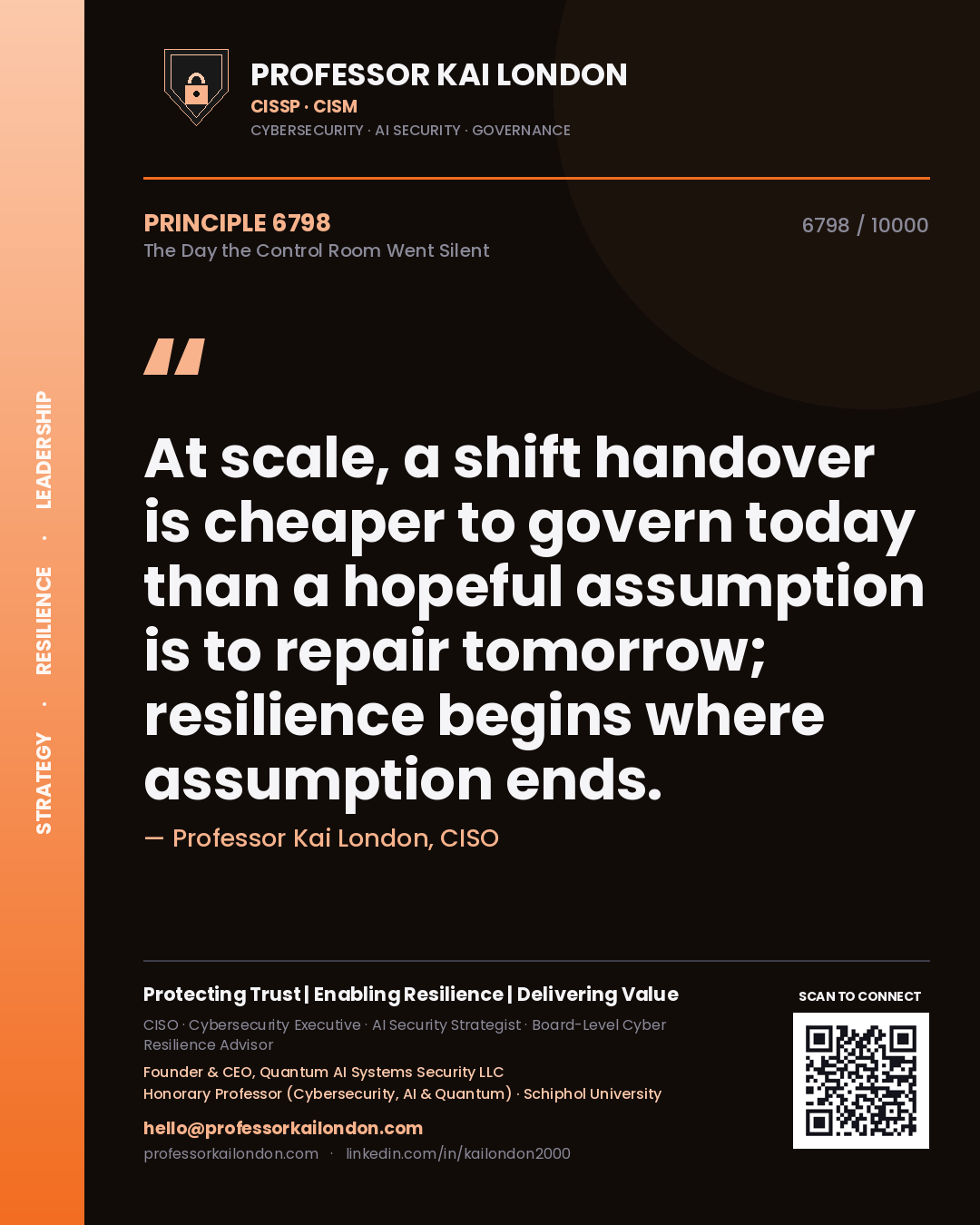 Quote card by Professor Kai London reading 'At scale, a shift handover is cheaper to govern today than a hopeful assumption is to repair tomorrow; resilience begins where assumption ends.'. From the book The Day the Control Room Went Silent.