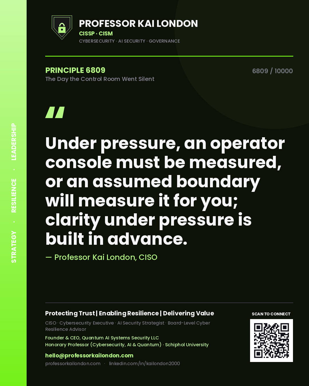 Professor Kai London principle 6809: Under pressure, an operator console must be measured, or an assumed boundary will measure it for you; clarity under pressure is built in advance.