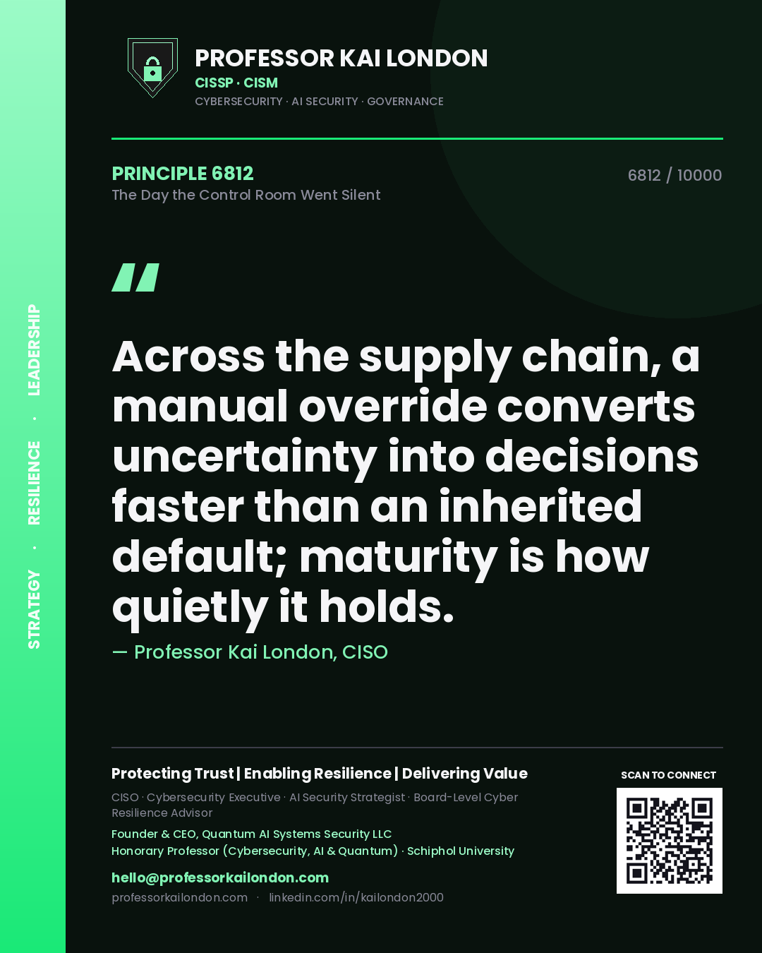 Professor Kai London principle 6812: Across the supply chain, a manual override converts uncertainty into decisions faster than an inherited default; maturity is how quietly it holds.
