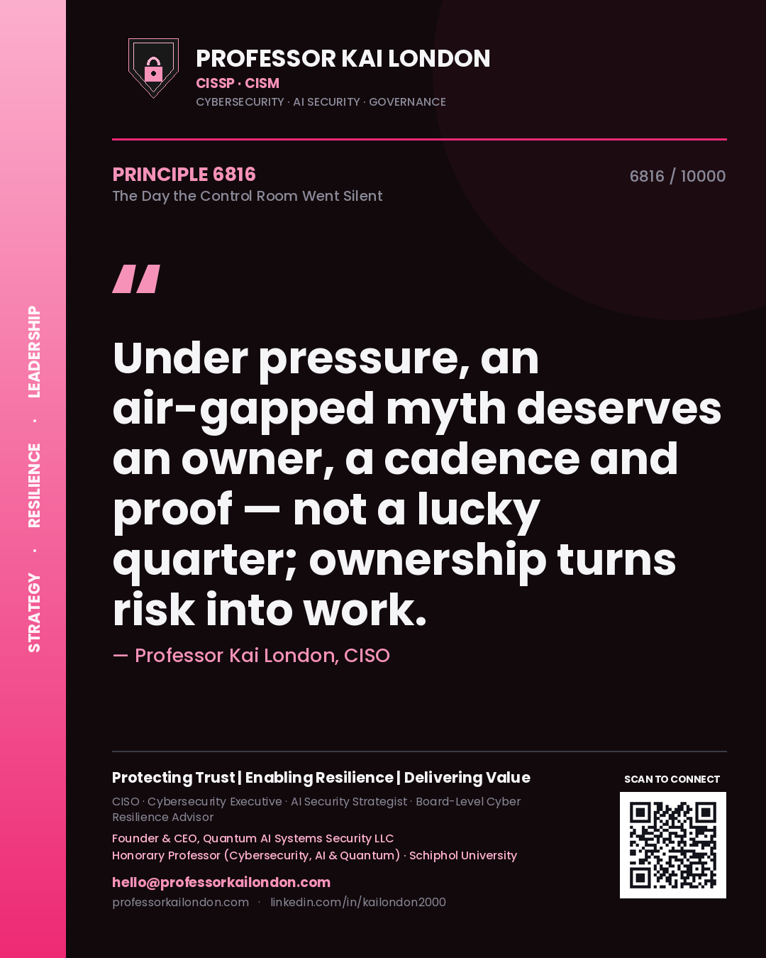 Quote card by Professor Kai London reading 'Under pressure, an air-gapped myth deserves an owner, a cadence and proof — not a lucky quarter; ownership turns risk into work.'. From the book The Day the Control Room Went Silent.