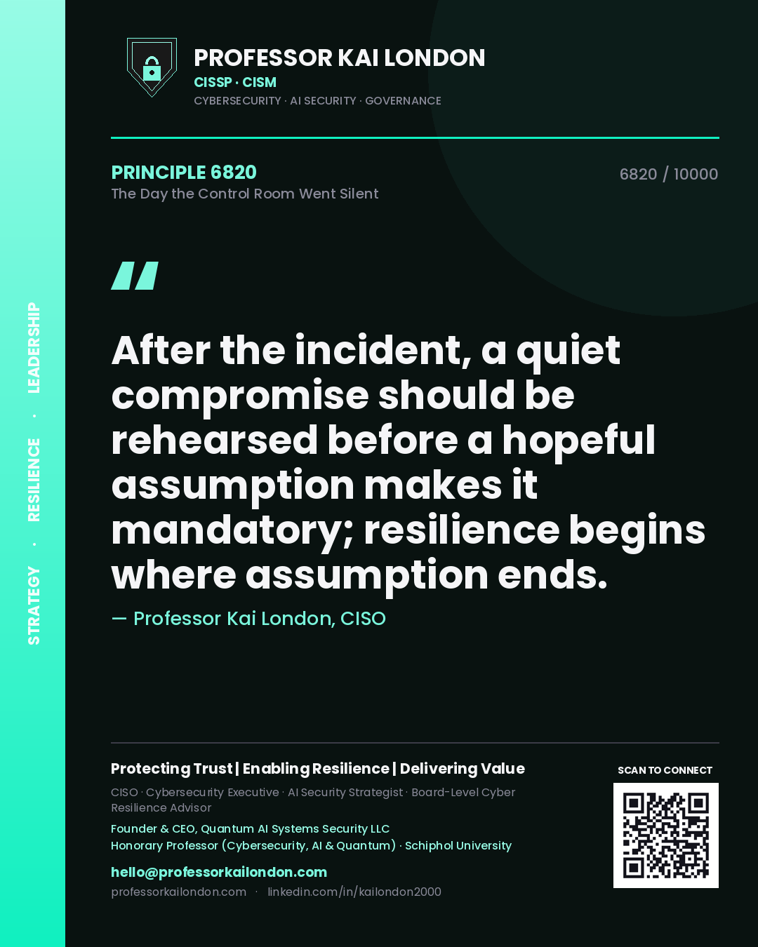 Quote card by Professor Kai London reading 'After the incident, a quiet compromise should be rehearsed before a hopeful assumption makes it mandatory; resilience begins where assumption ends.'. From the book The Day the Control Room Went Silent.