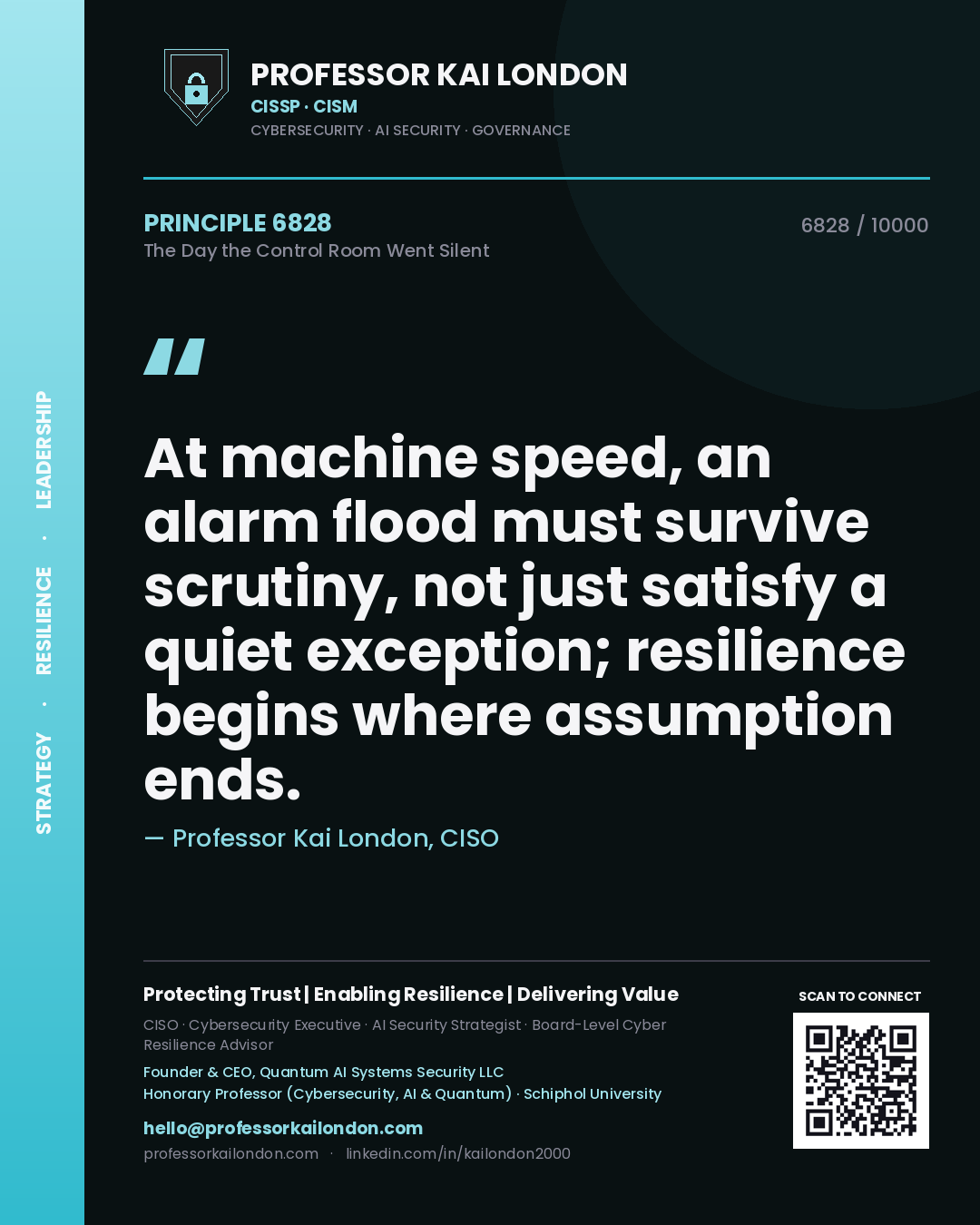 Quote card by Professor Kai London reading 'At machine speed, an alarm flood must survive scrutiny, not just satisfy a quiet exception; resilience begins where assumption ends.'. From the book The Day the Control Room Went Silent.
