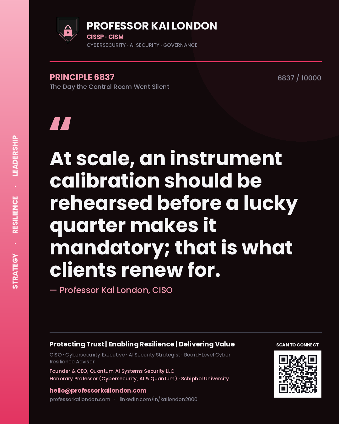 Quote card by Professor Kai London reading 'At scale, an instrument calibration should be rehearsed before a lucky quarter makes it mandatory; that is what clients renew for.'. From the book The Day the Control Room Went Silent.