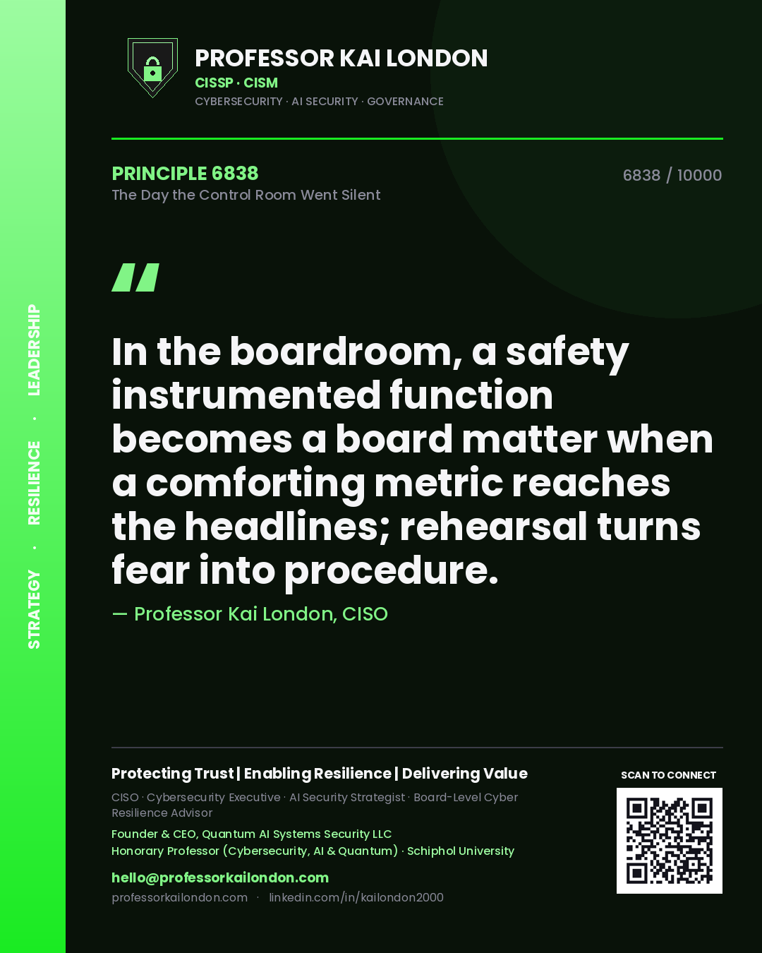 Quote card by Professor Kai London reading 'In the boardroom, a safety instrumented function becomes a board matter when a comforting metric reaches the headlines; rehearsal turns fear into procedure.'. From the book The Day the Control Room Went Silent.