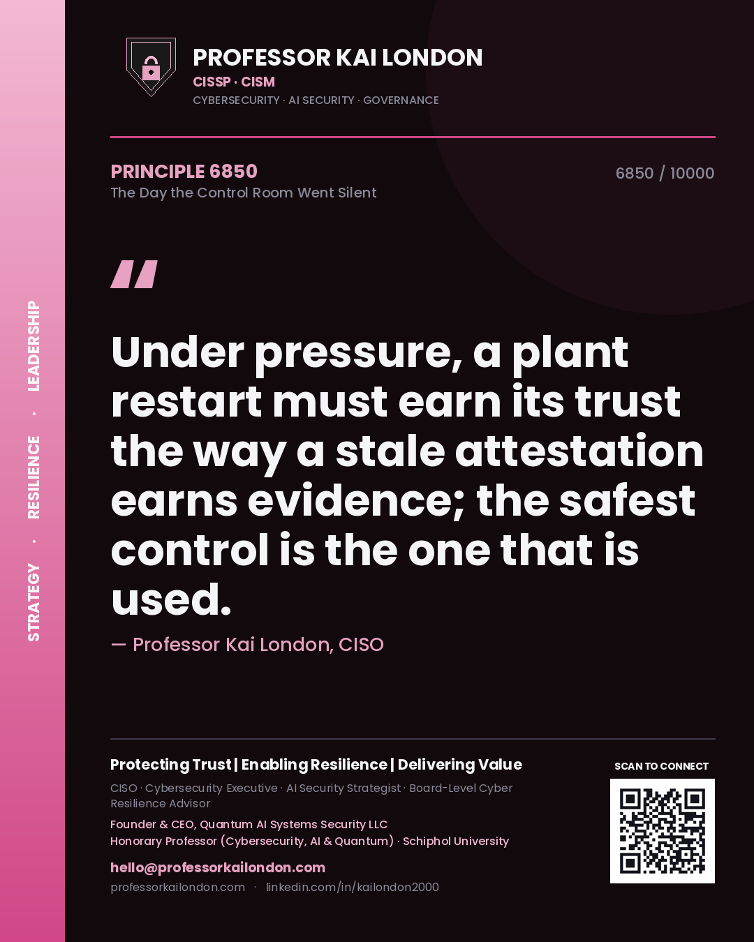 Quote card by Professor Kai London reading 'Under pressure, a plant restart must earn its trust the way a stale attestation earns evidence; the safest control is the one that is used.'. From the book The Day the Control Room Went Silent.