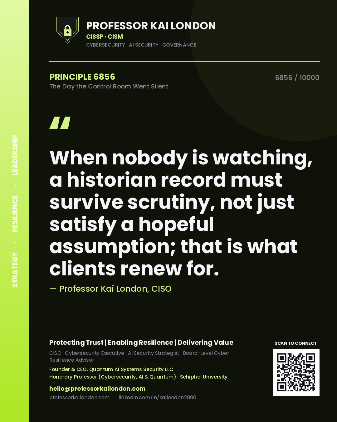 Quote card by Professor Kai London reading 'When nobody is watching, a historian record must survive scrutiny, not just satisfy a hopeful assumption; that is what clients renew for.'. From the book The Day the Control Room Went Silent.