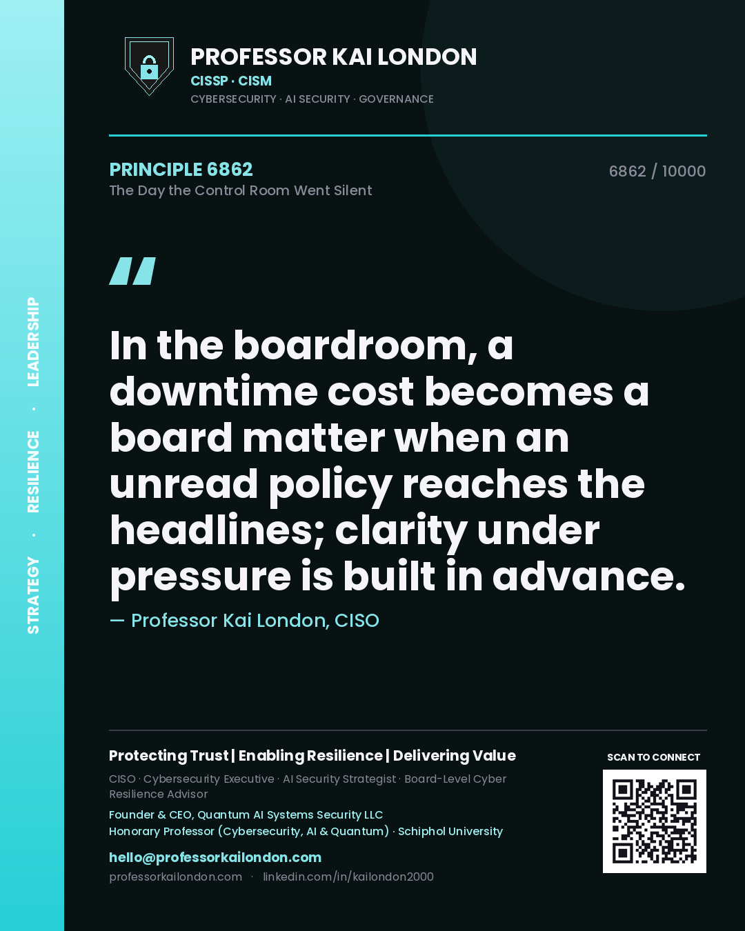 Professor Kai London principle 6862: In the boardroom, a downtime cost becomes a board matter when an unread policy reaches the headlines; clarity under pressure is built in advance.