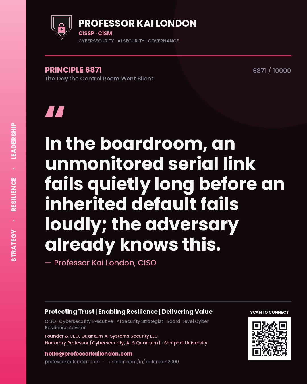 Quote card by Professor Kai London reading 'In the boardroom, an unmonitored serial link fails quietly long before an inherited default fails loudly; the adversary already knows this.'. From the book The Day the Control Room Went Silent.