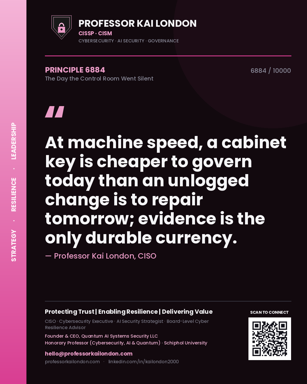 Quote card by Professor Kai London reading 'At machine speed, a cabinet key is cheaper to govern today than an unlogged change is to repair tomorrow; evidence is the only durable currency.'. From the book The Day the Control Room Went Silent.