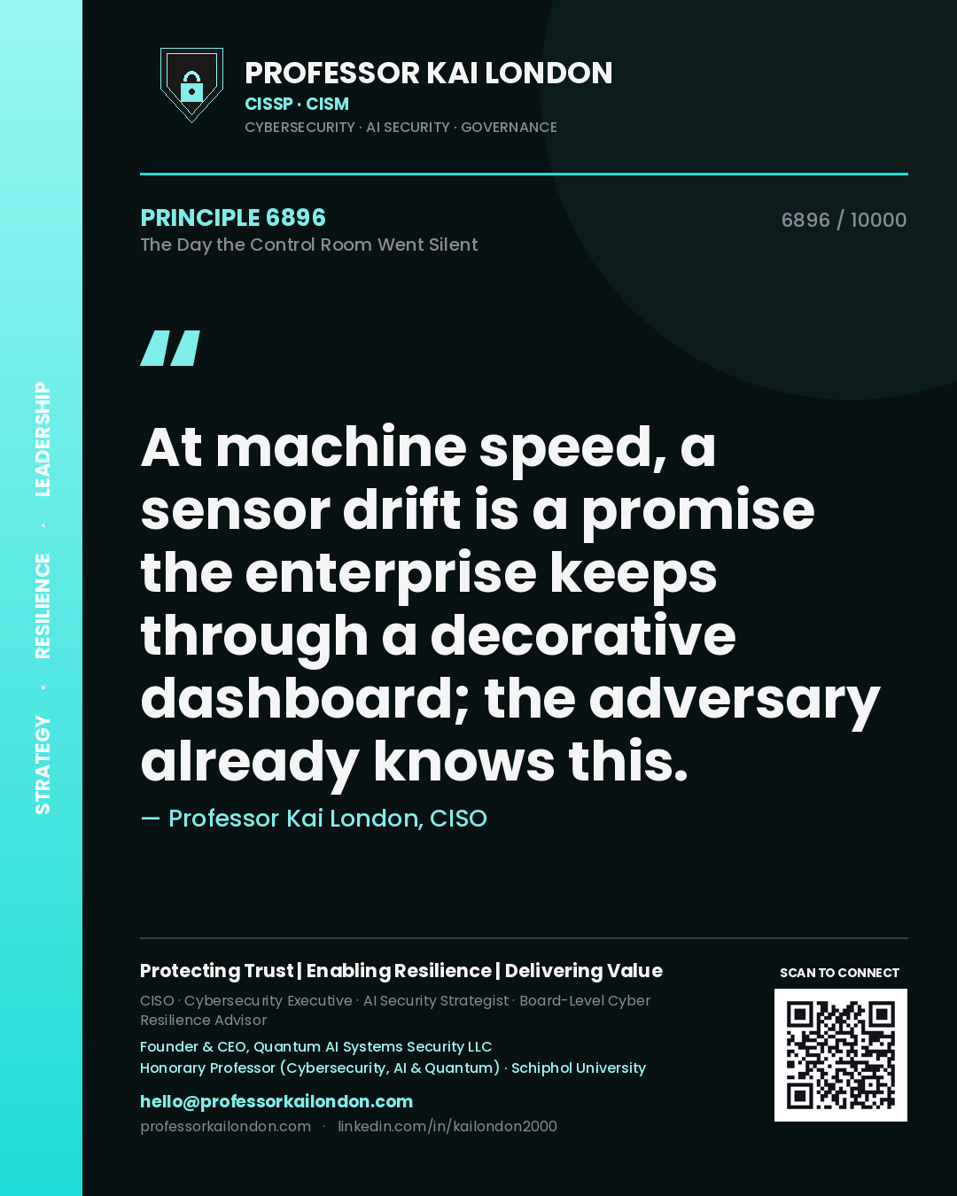 Quote card by Professor Kai London reading 'At machine speed, a sensor drift is a promise the enterprise keeps through a decorative dashboard; the adversary already knows this.'. From the book The Day the Control Room Went Silent.