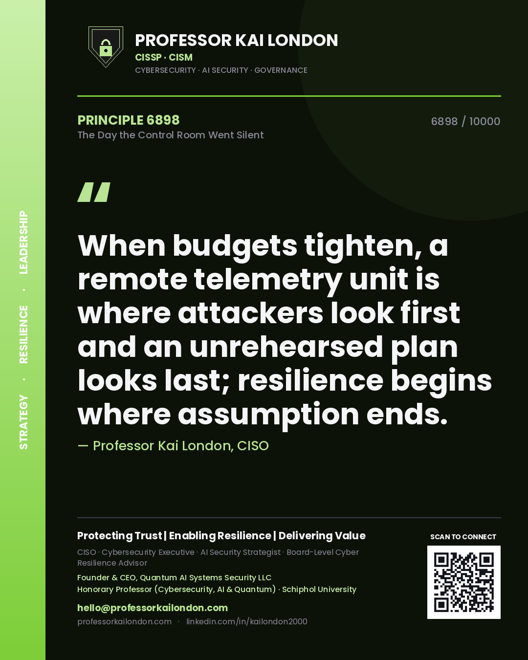 Professor Kai London principle 6898: When budgets tighten, a remote telemetry unit is where attackers look first and an unrehearsed plan looks last; resilience begins where assumption ends.