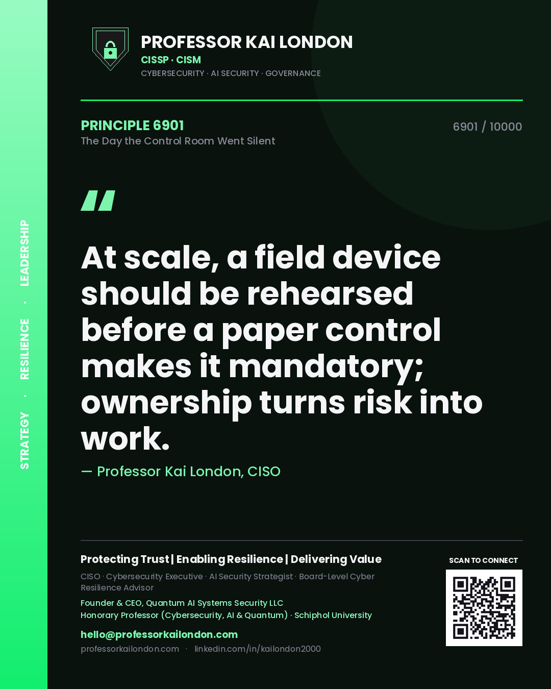 Professor Kai London principle 6901: At scale, a field device should be rehearsed before a paper control makes it mandatory; ownership turns risk into work.