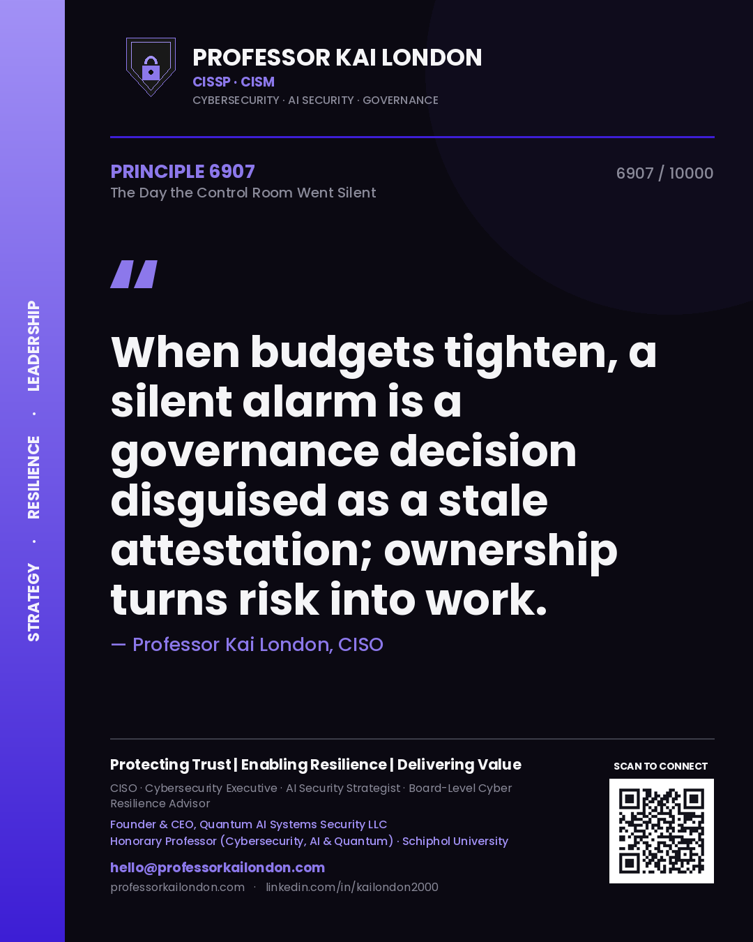 Quote card by Professor Kai London reading 'When budgets tighten, a silent alarm is a governance decision disguised as a stale attestation; ownership turns risk into work.'. From the book The Day the Control Room Went Silent.