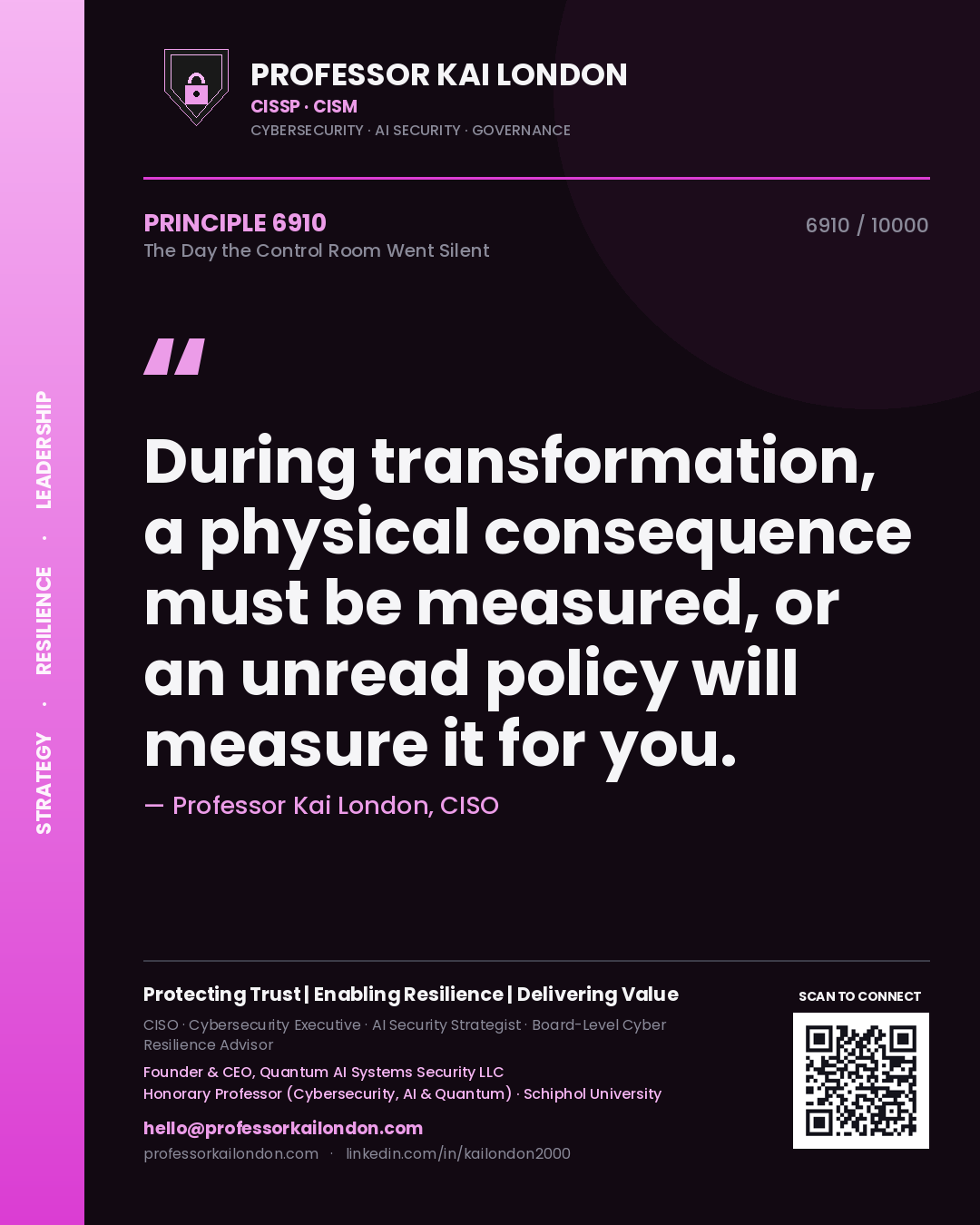 Quote card by Professor Kai London reading 'During transformation, a physical consequence must be measured, or an unread policy will measure it for you.'. From the book The Day the Control Room Went Silent.