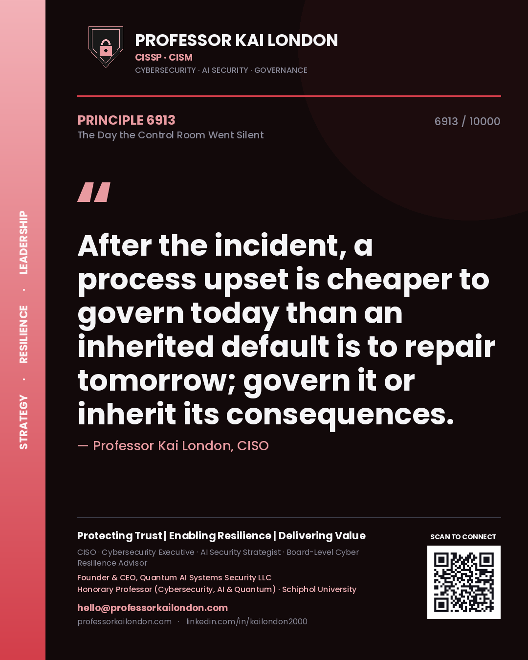 Quote card by Professor Kai London reading 'After the incident, a process upset is cheaper to govern today than an inherited default is to repair tomorrow; govern it or inherit its consequences.'. From the book The Day the Control Room Went Silent.