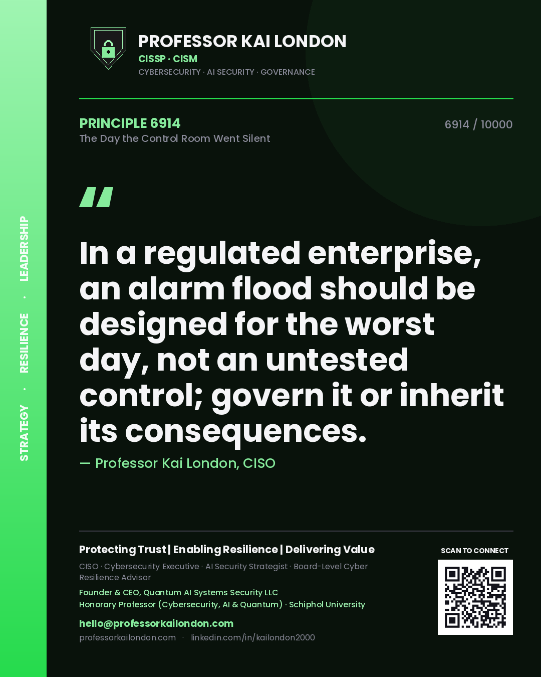 Quote card by Professor Kai London reading 'In a regulated enterprise, an alarm flood should be designed for the worst day, not an untested control; govern it or inherit its consequences.'. From the book The Day the Control Room Went Silent.