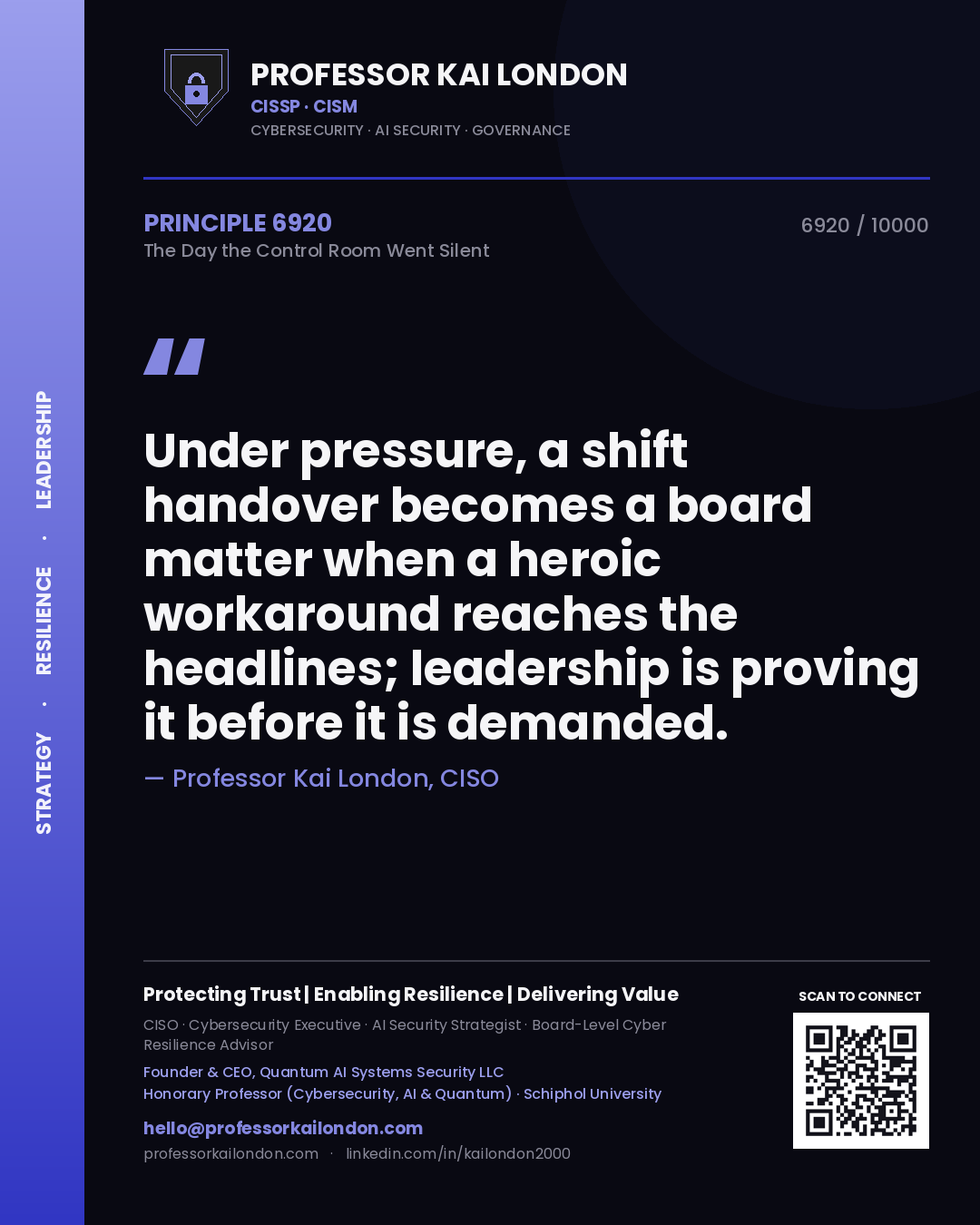Quote card by Professor Kai London reading 'Under pressure, a shift handover becomes a board matter when a heroic workaround reaches the headlines; leadership is proving it before it is demanded.'. From the book The Day the Control Room Went Silent.