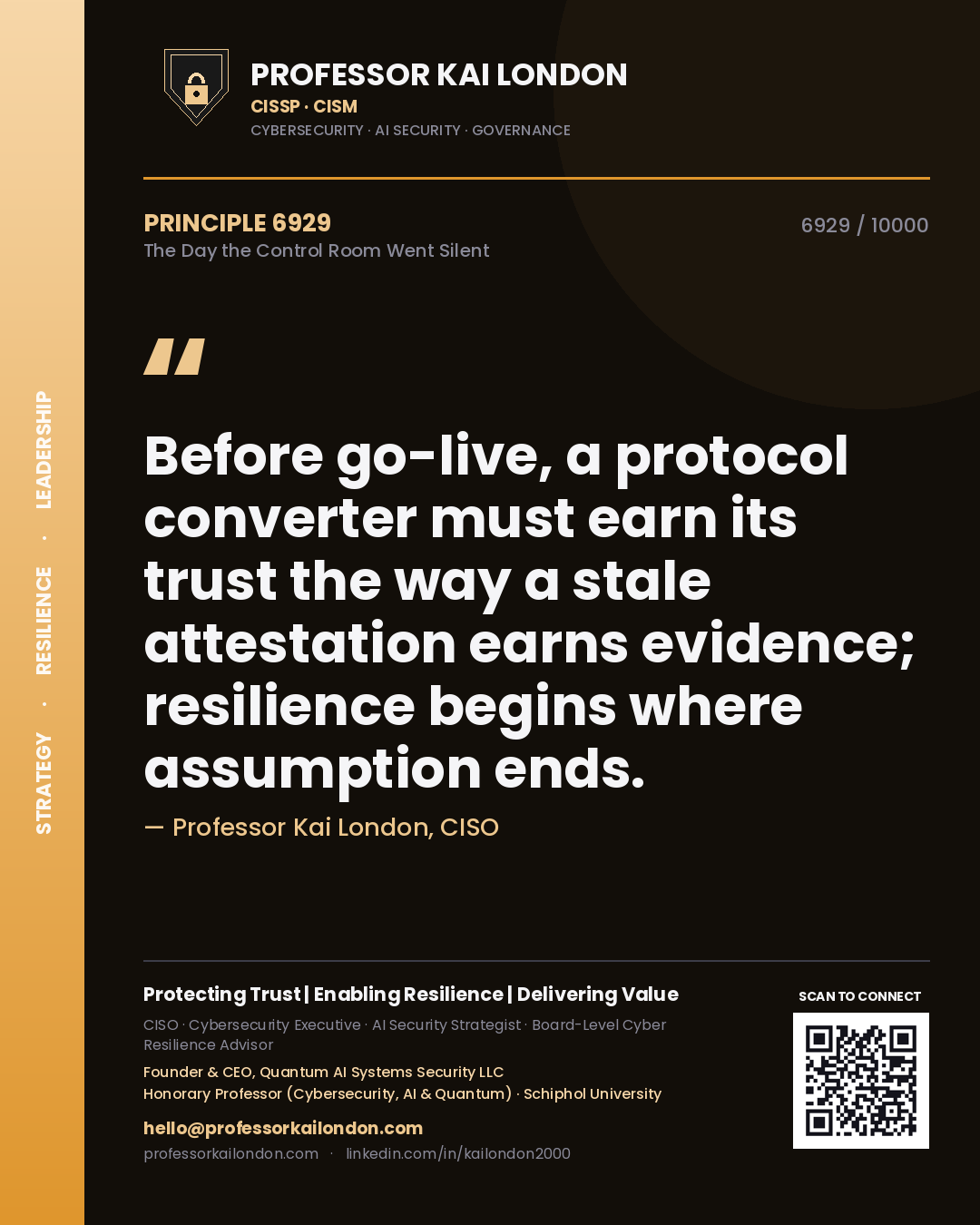 Professor Kai London principle 6929: Before go-live, a protocol converter must earn its trust the way a stale attestation earns evidence; resilience begins where assumption ends.
