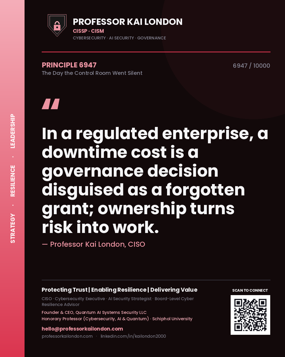 Quote card by Professor Kai London reading 'In a regulated enterprise, a downtime cost is a governance decision disguised as a forgotten grant; ownership turns risk into work.'. From the book The Day the Control Room Went Silent.
