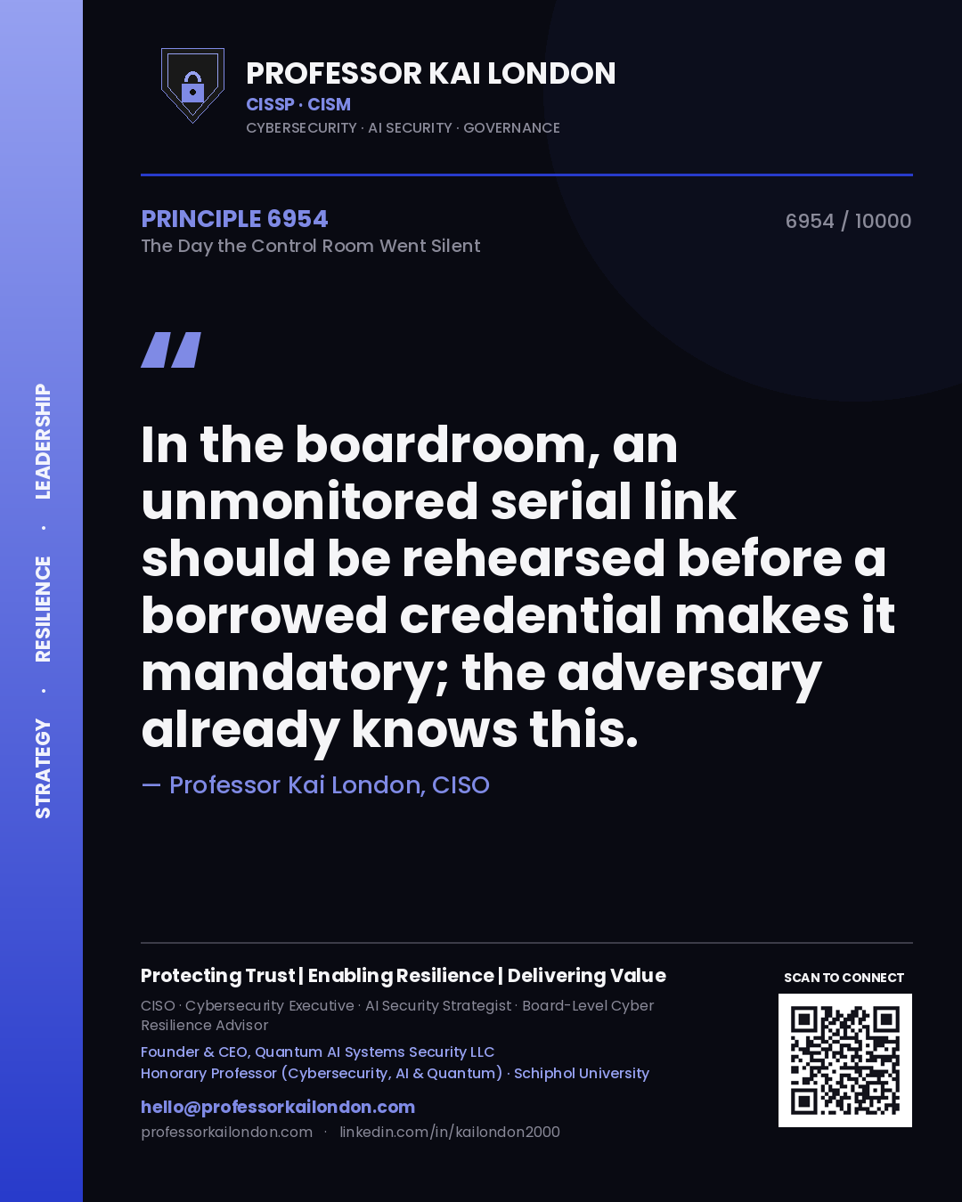 Professor Kai London principle 6954: In the boardroom, an unmonitored serial link should be rehearsed before a borrowed credential makes it mandatory; the adversary already knows this.